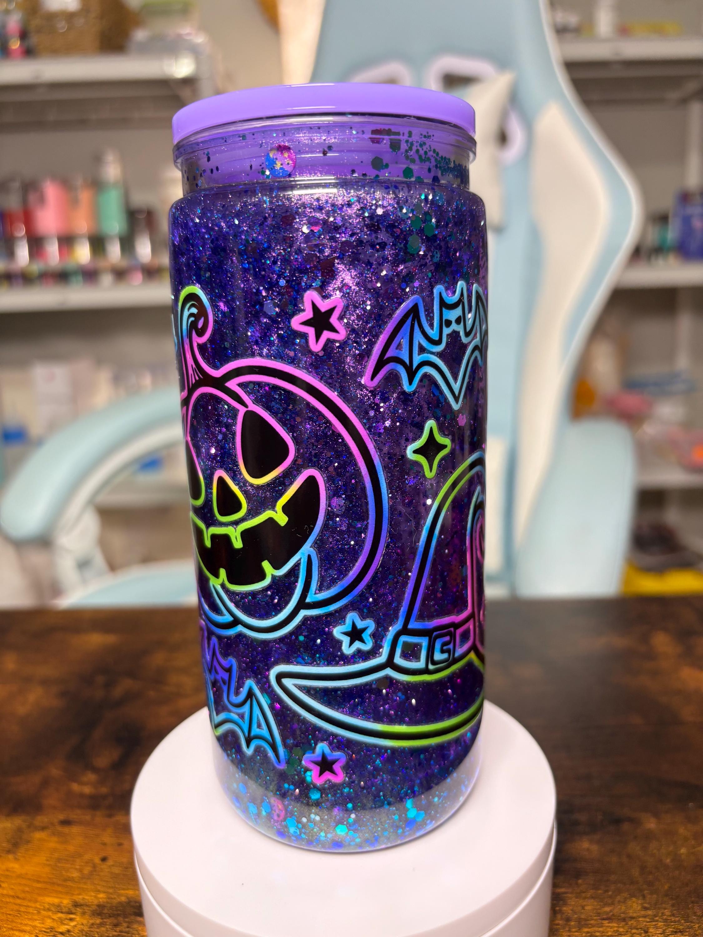 20oz Halloween Snowglobe Tumbler | Dreamscape Waterfall Glitter Cup | Neon Ghost Pumpkin Skull Tumbler | Spooky Halloween Gift