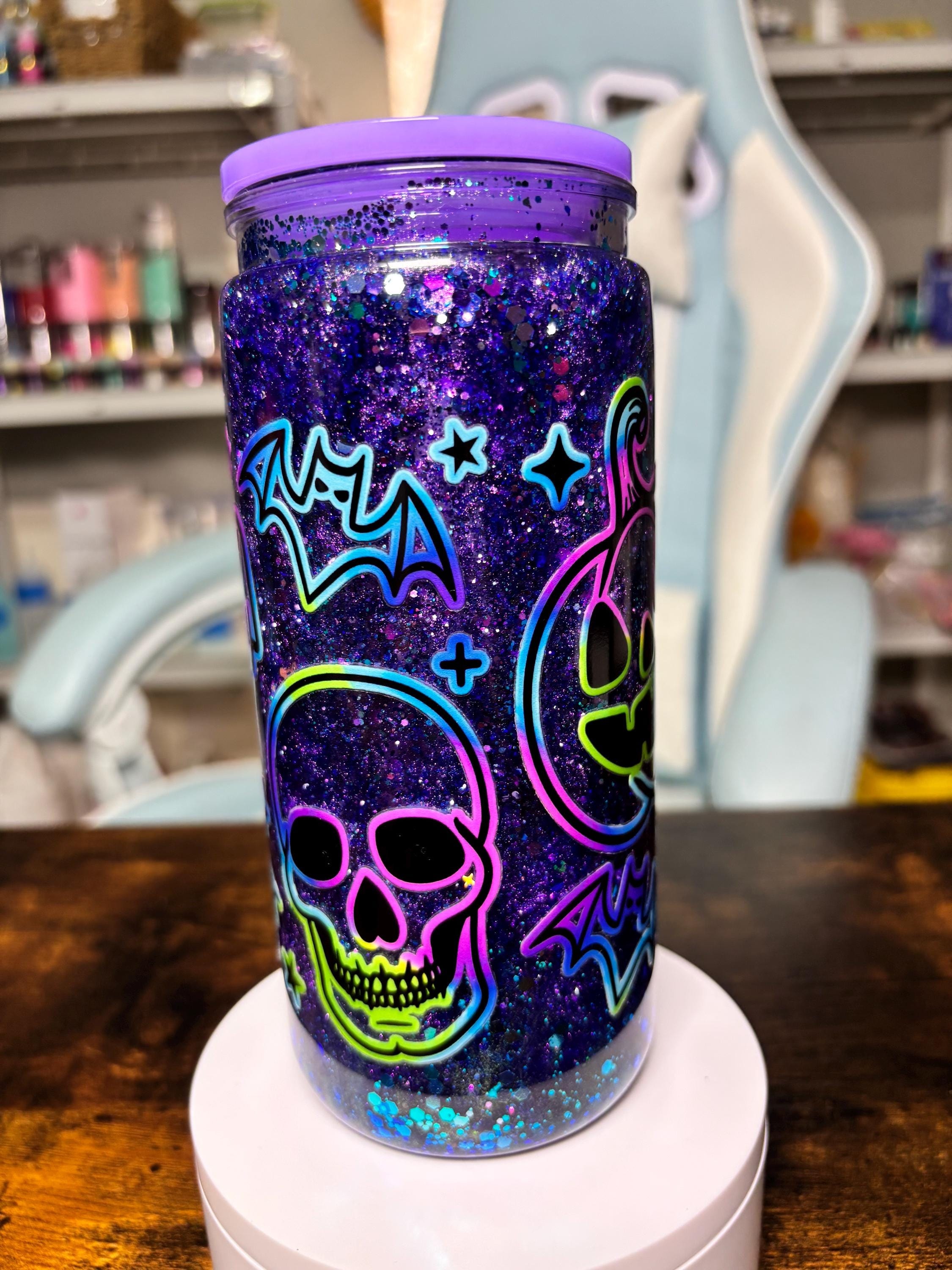 20oz Halloween Snowglobe Tumbler | Dreamscape Waterfall Glitter Cup | Neon Ghost Pumpkin Skull Tumbler | Spooky Halloween Gift