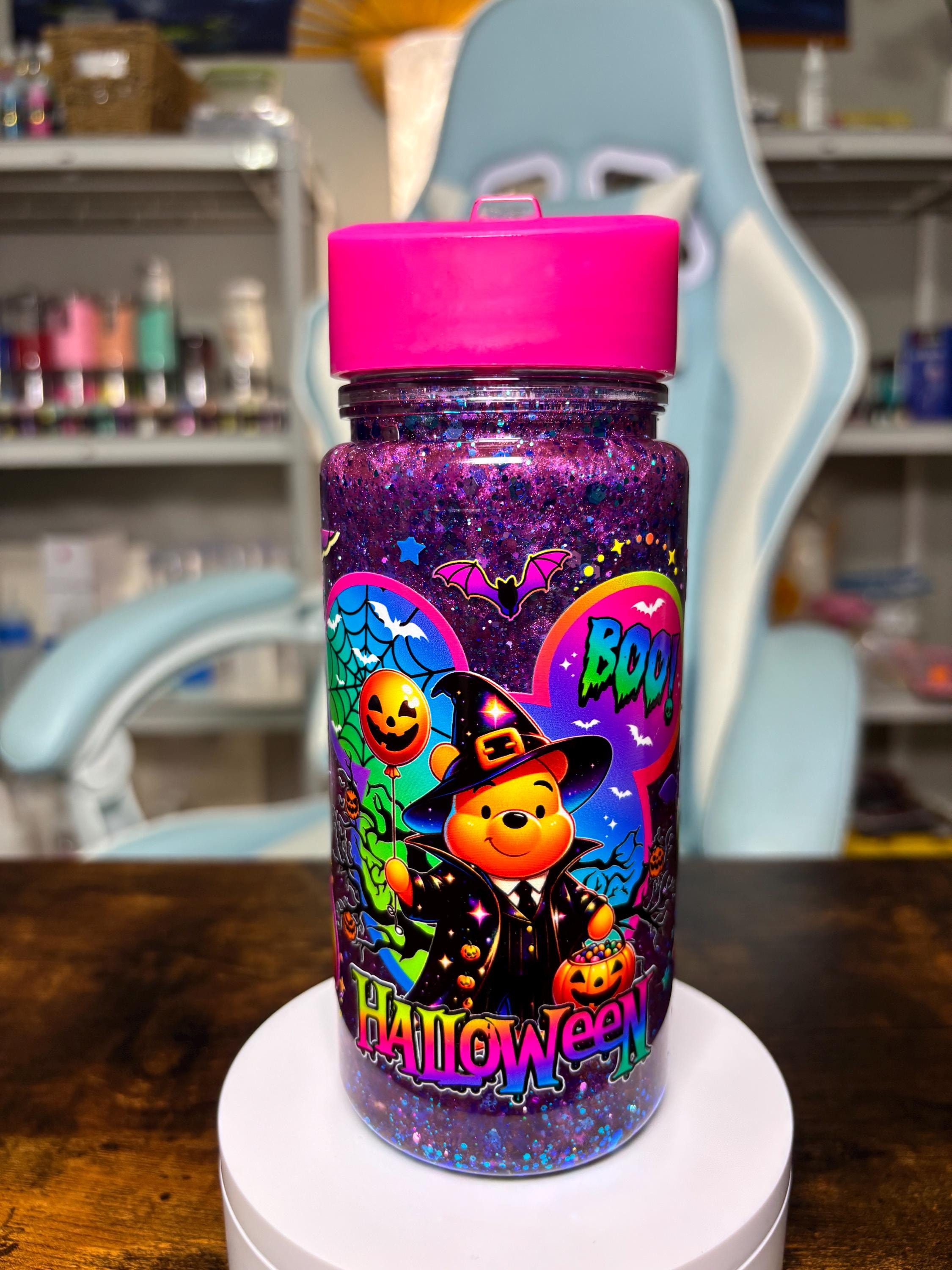 Winnie the Pooh Halloween 12oz Kids Snowglobe Tumbler, Dreamscape Waterfall Glitter Cup, Spooky Cute Kids Water Bottle, Halloween Gift