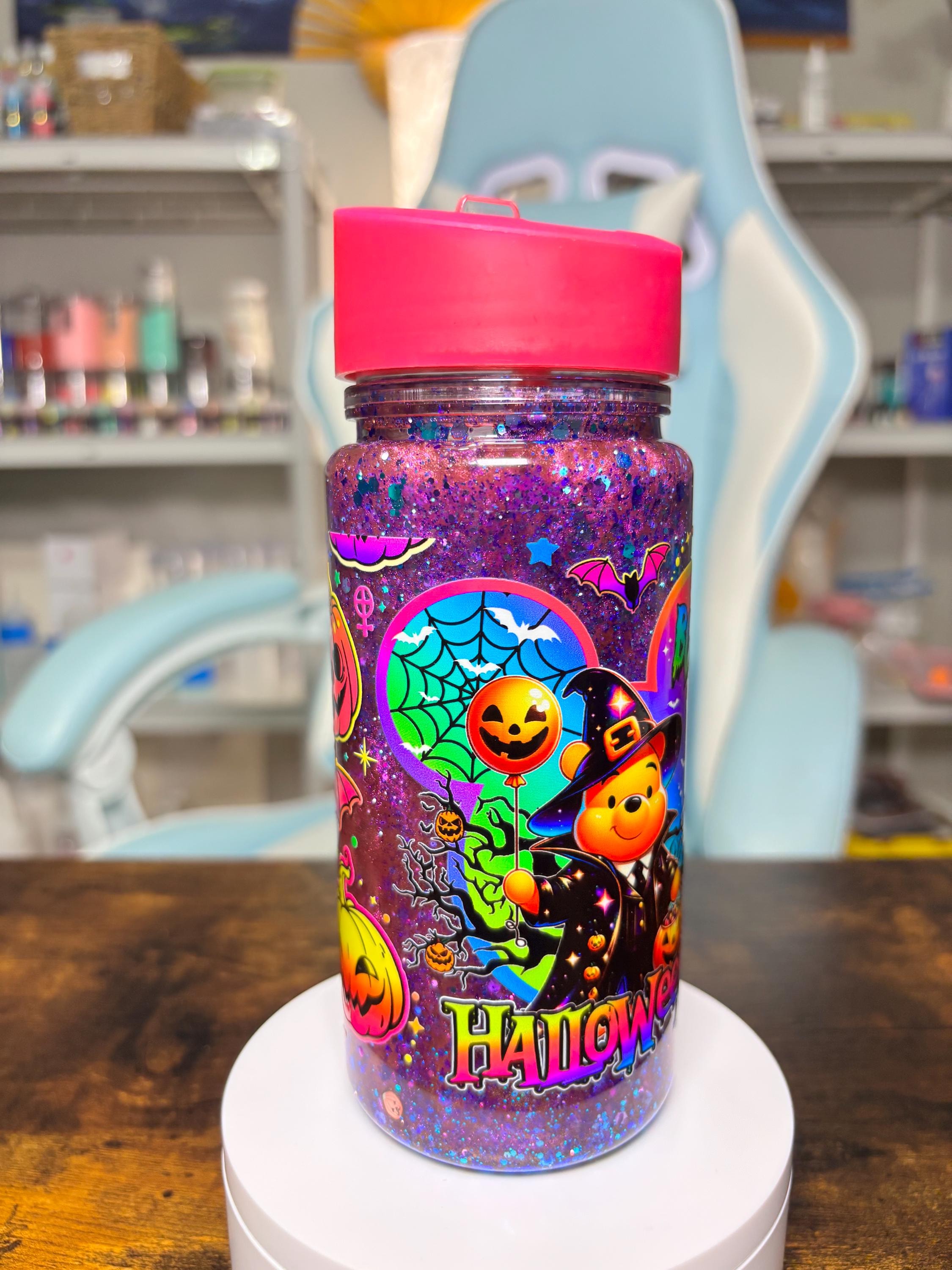 Winnie the Pooh Halloween 12oz Kids Snowglobe Tumbler, Dreamscape Waterfall Glitter Cup, Spooky Cute Kids Water Bottle, Halloween Gift