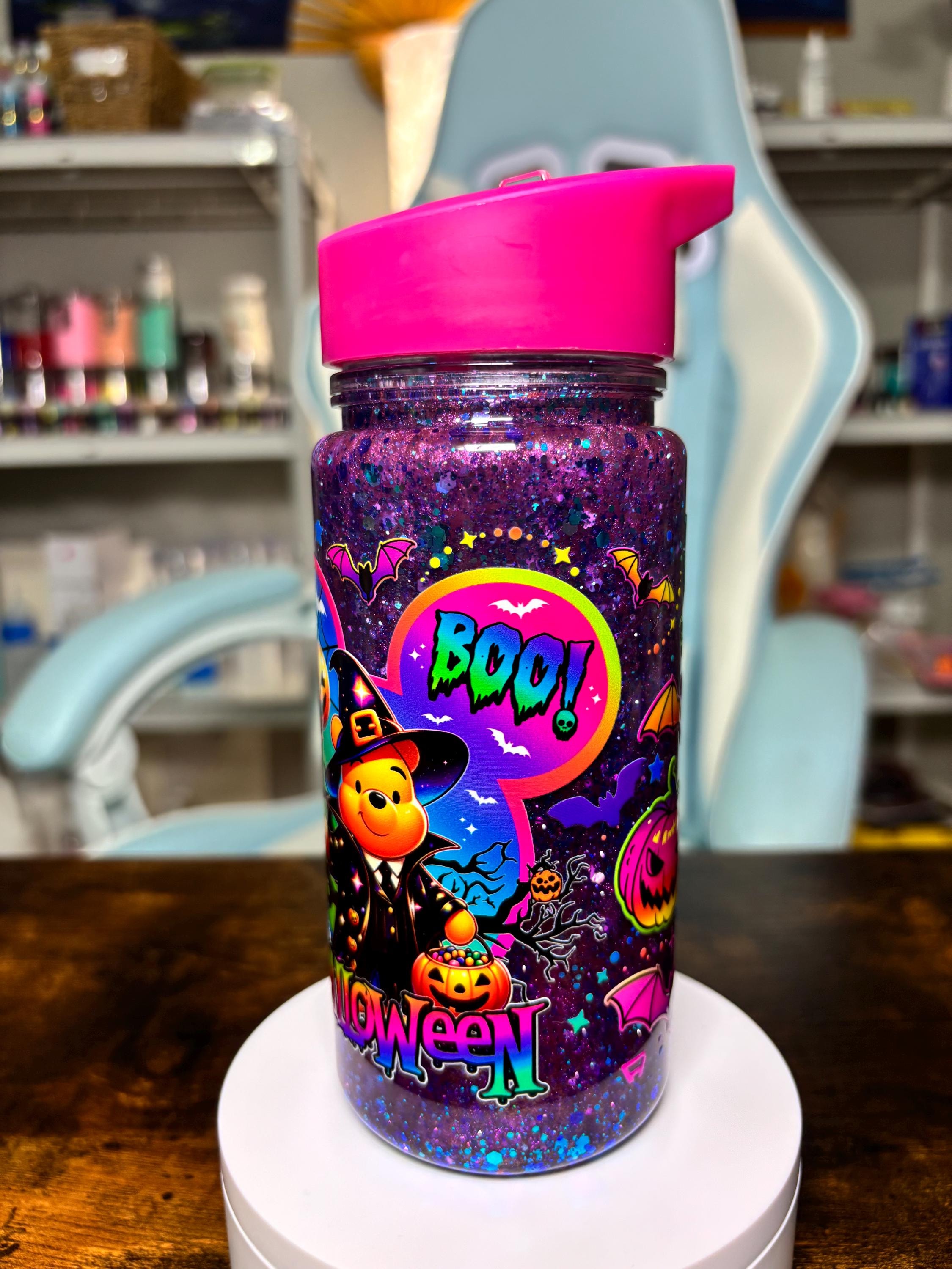 Winnie the Pooh Halloween 12oz Kids Snowglobe Tumbler, Dreamscape Waterfall Glitter Cup, Spooky Cute Kids Water Bottle, Halloween Gift