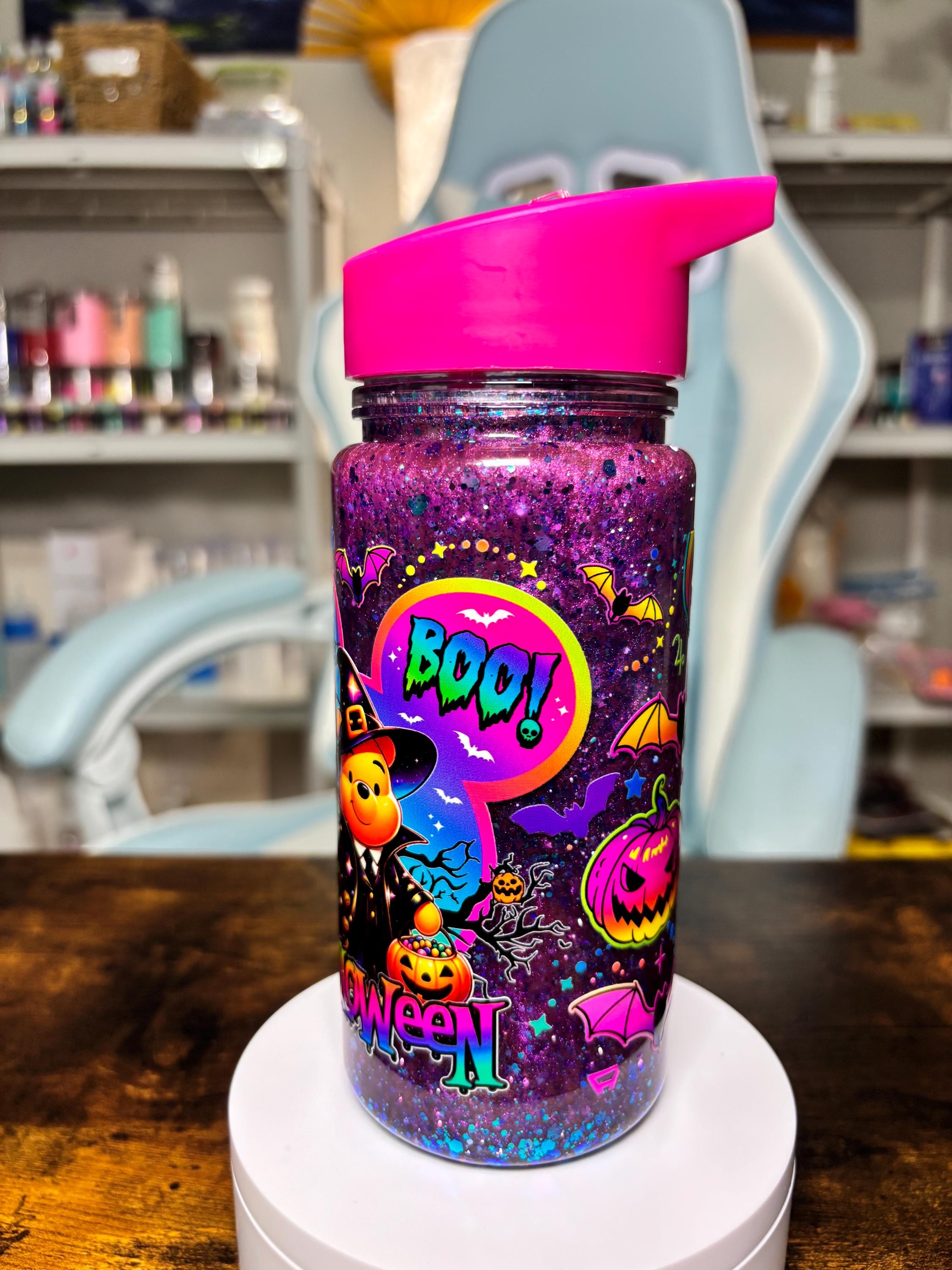 Winnie the Pooh Halloween 12oz Kids Snowglobe Tumbler, Dreamscape Waterfall Glitter Cup, Spooky Cute Kids Water Bottle, Halloween Gift