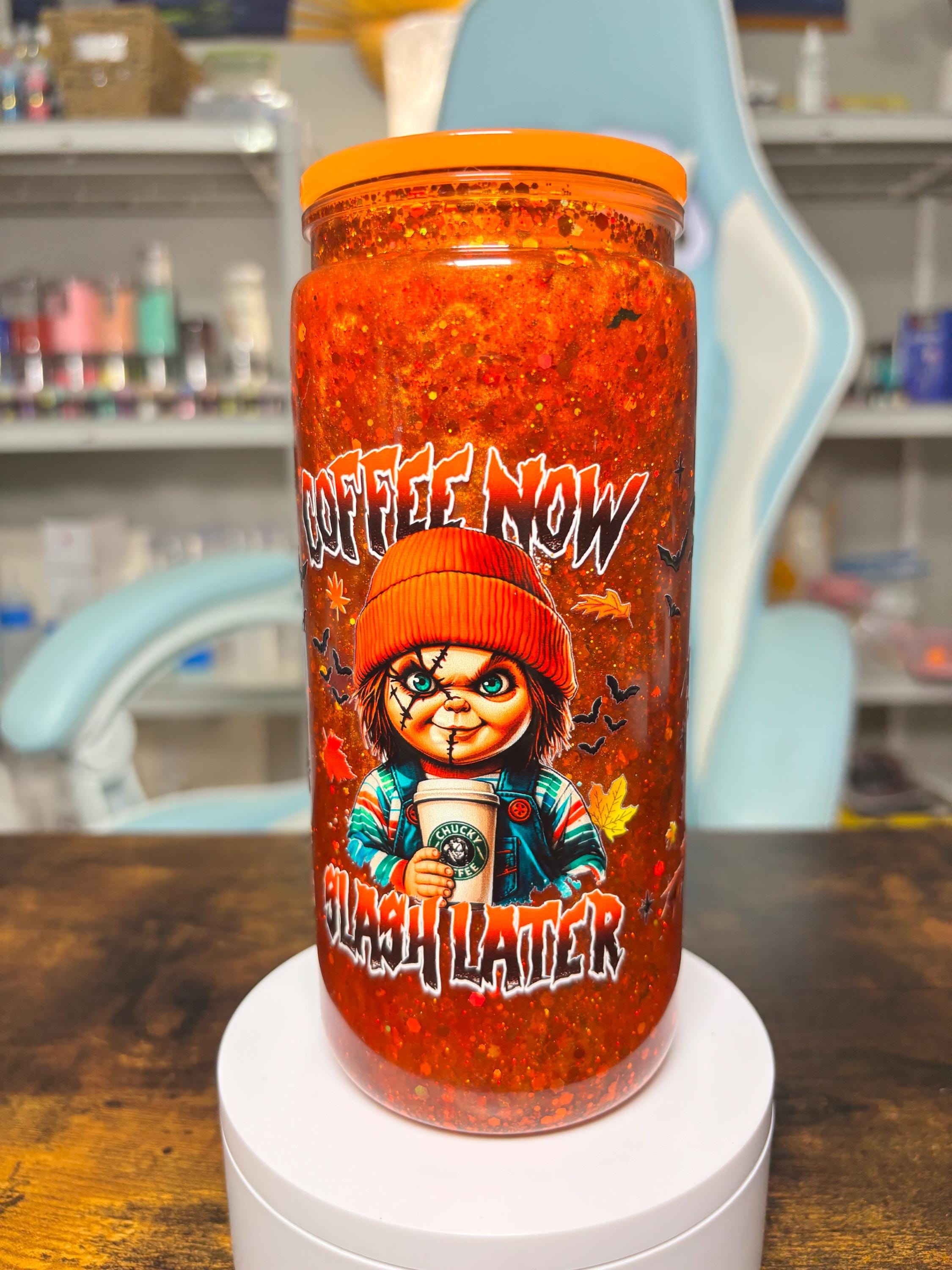 Chucky 20oz Dreamscape Waterfall Snowglobe Tumbler, Coffee Now Slach Later Horror Cup, Orange Glitter Halloween Tumbler, Fall Horror Gift