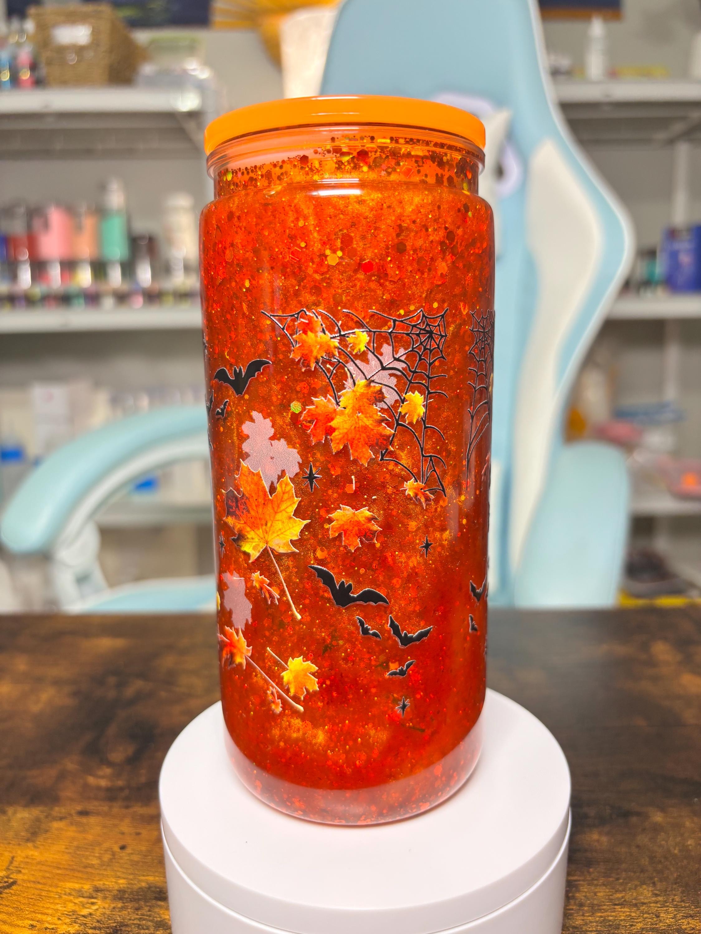 Chucky 20oz Dreamscape Waterfall Snowglobe Tumbler, Coffee Now Slach Later Horror Cup, Orange Glitter Halloween Tumbler, Fall Horror Gift