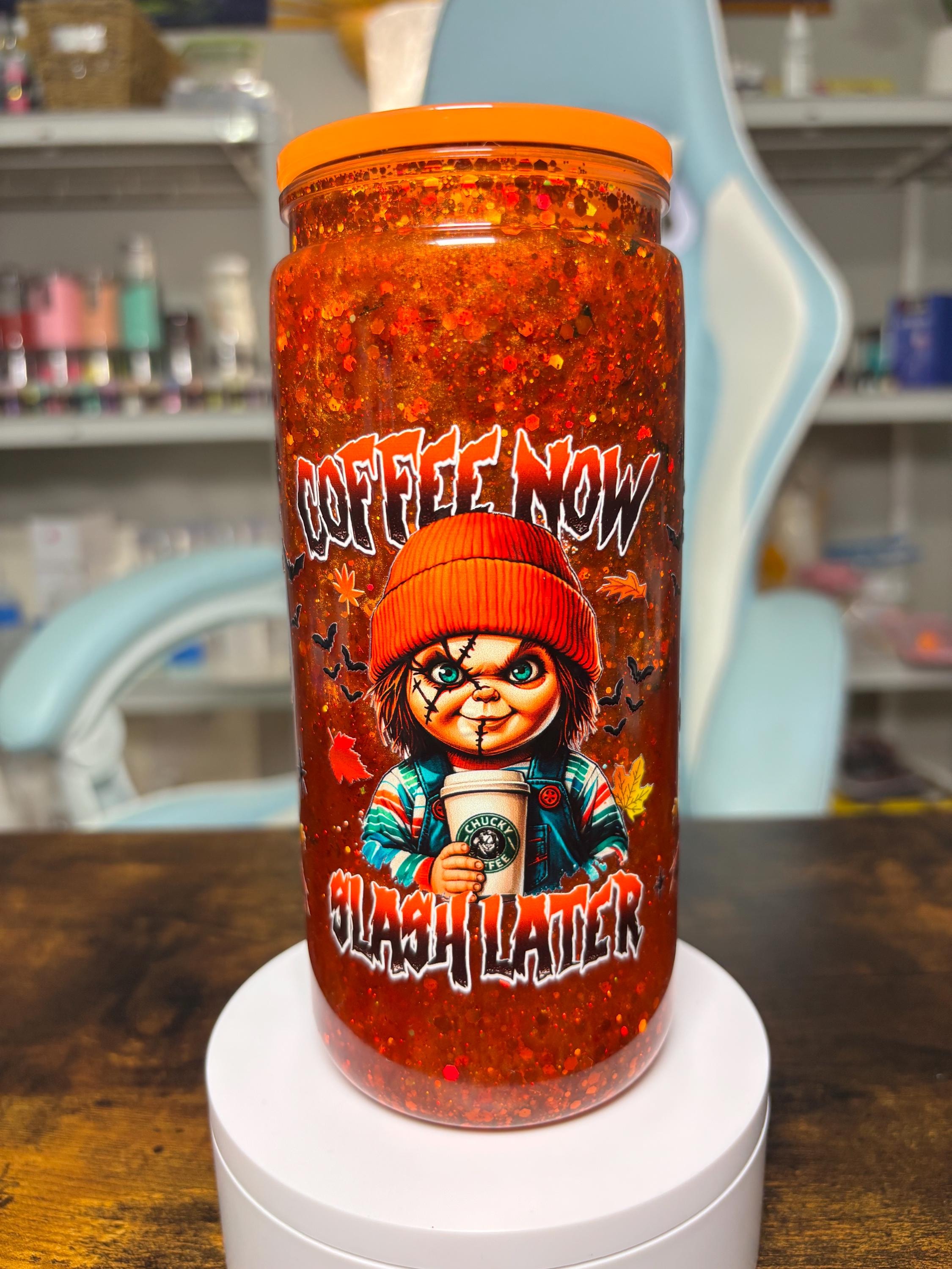 Chucky 20oz Dreamscape Waterfall Snowglobe Tumbler, Coffee Now Slach Later Horror Cup, Orange Glitter Halloween Tumbler, Fall Horror Gift