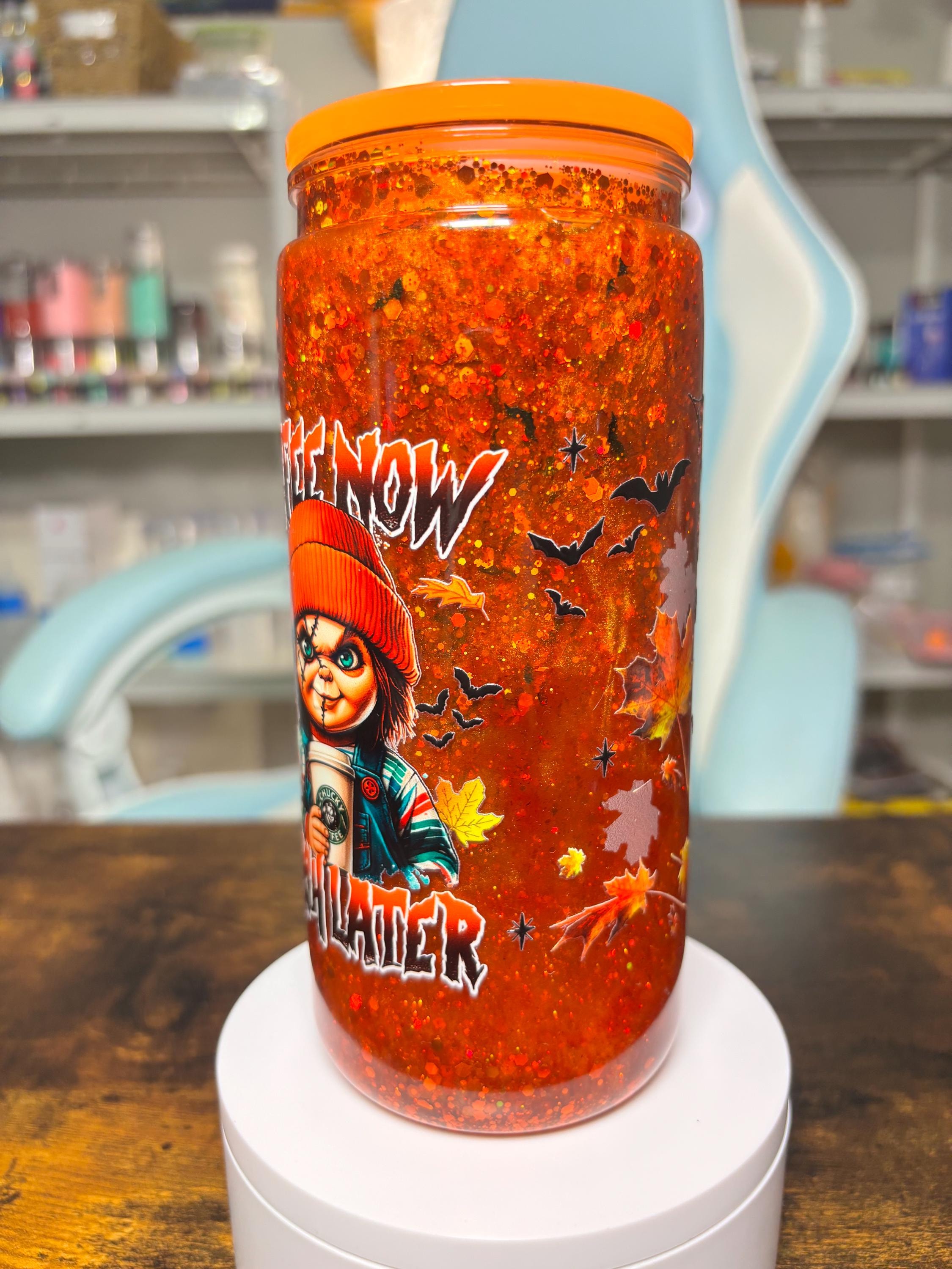 Chucky 20oz Dreamscape Waterfall Snowglobe Tumbler, Coffee Now Slach Later Horror Cup, Orange Glitter Halloween Tumbler, Fall Horror Gift