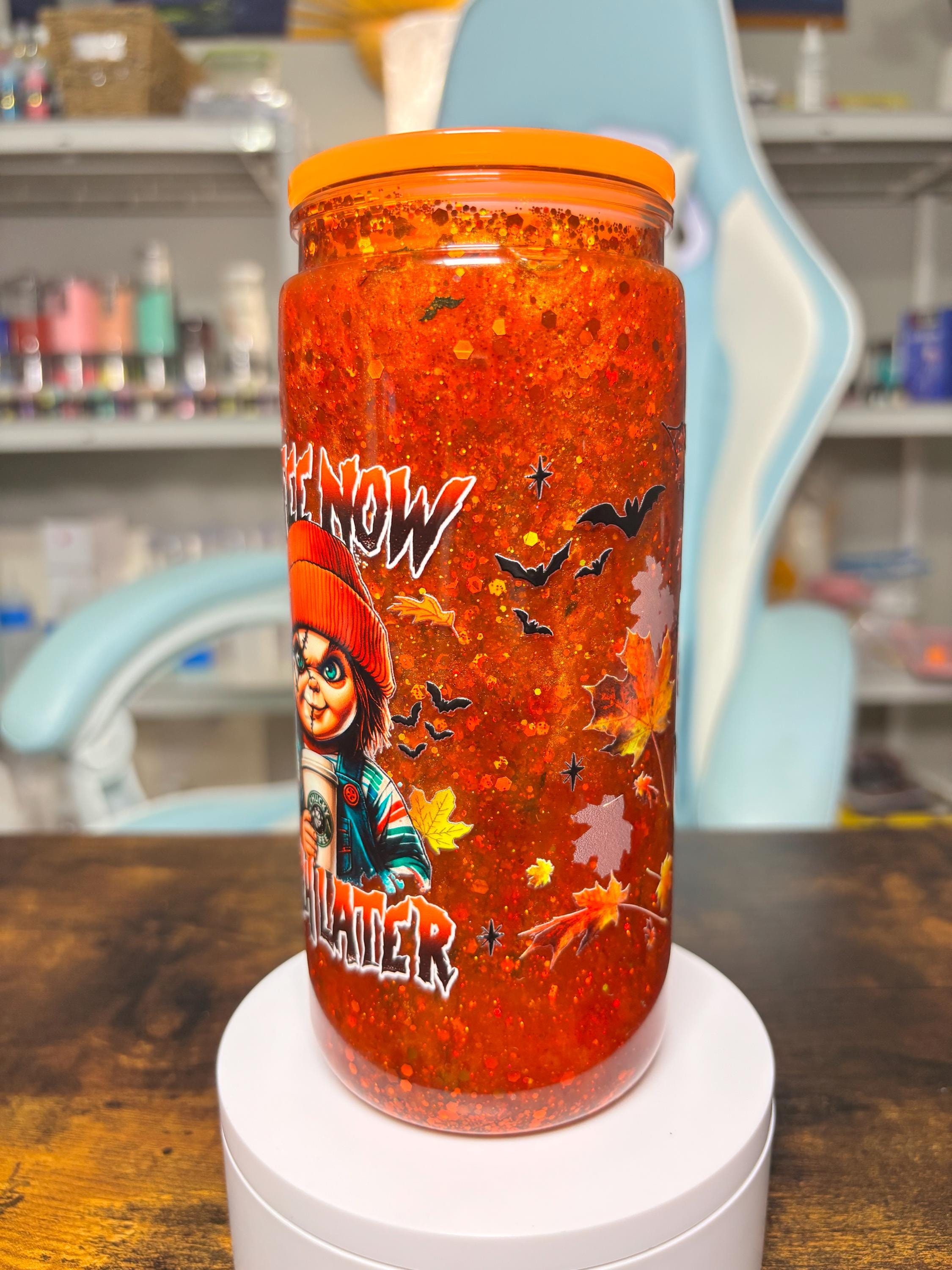 Chucky 20oz Dreamscape Waterfall Snowglobe Tumbler, Coffee Now Slach Later Horror Cup, Orange Glitter Halloween Tumbler, Fall Horror Gift