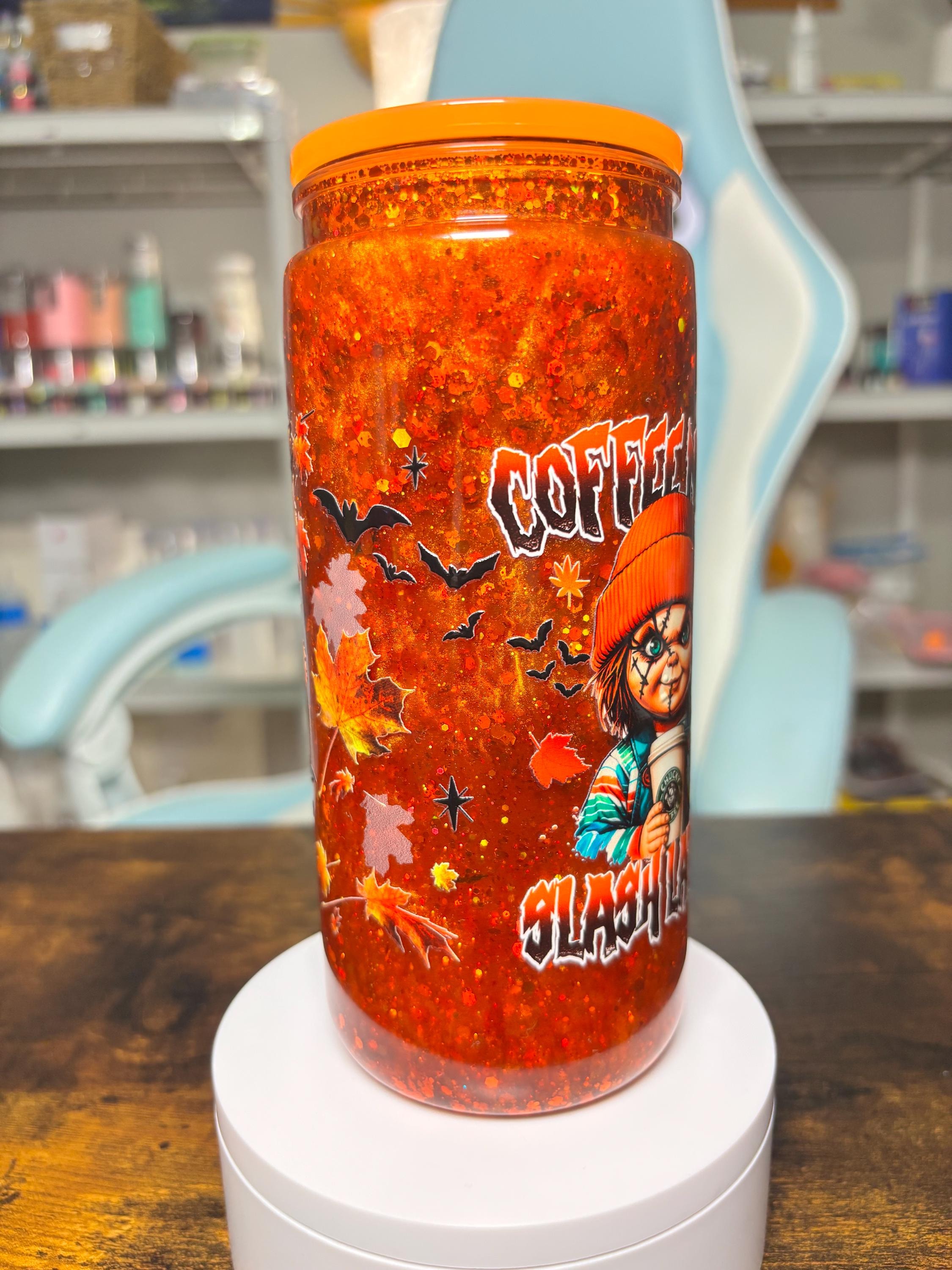 Chucky 20oz Dreamscape Waterfall Snowglobe Tumbler, Coffee Now Slach Later Horror Cup, Orange Glitter Halloween Tumbler, Fall Horror Gift