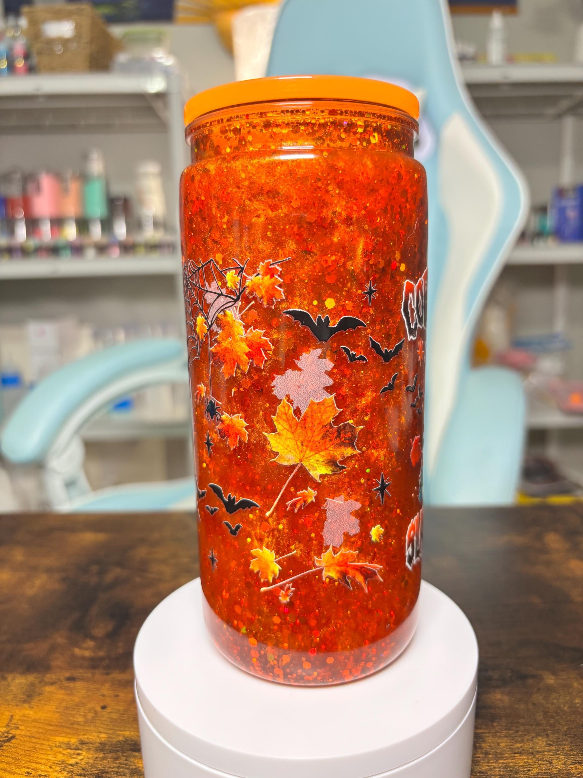 Chucky 20oz Dreamscape Waterfall Snowglobe Tumbler, Coffee Now Slach Later Horror Cup, Orange Glitter Halloween Tumbler, Fall Horror Gift