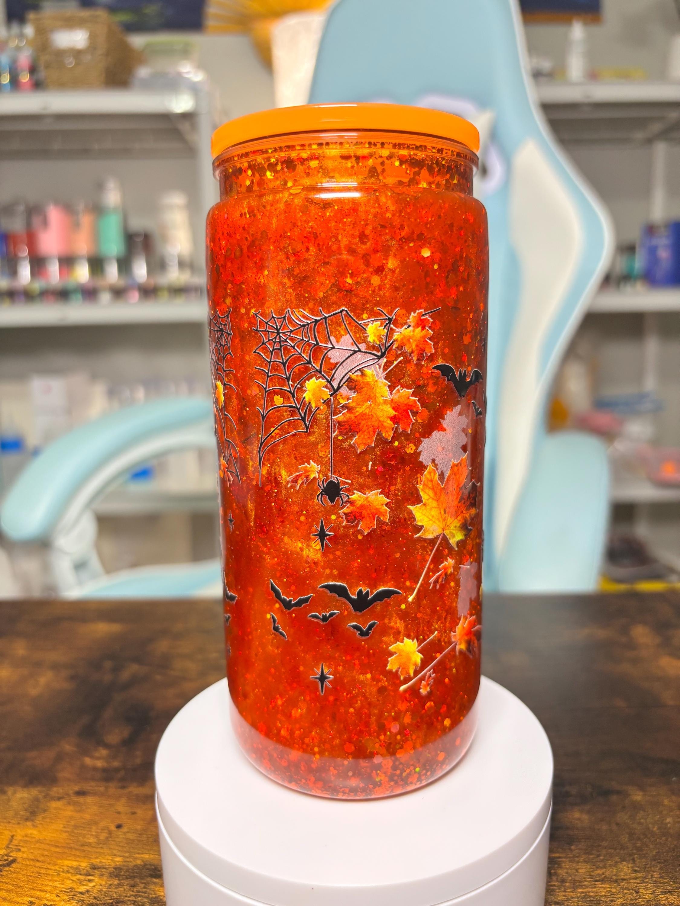 Chucky 20oz Dreamscape Waterfall Snowglobe Tumbler, Coffee Now Slach Later Horror Cup, Orange Glitter Halloween Tumbler, Fall Horror Gift