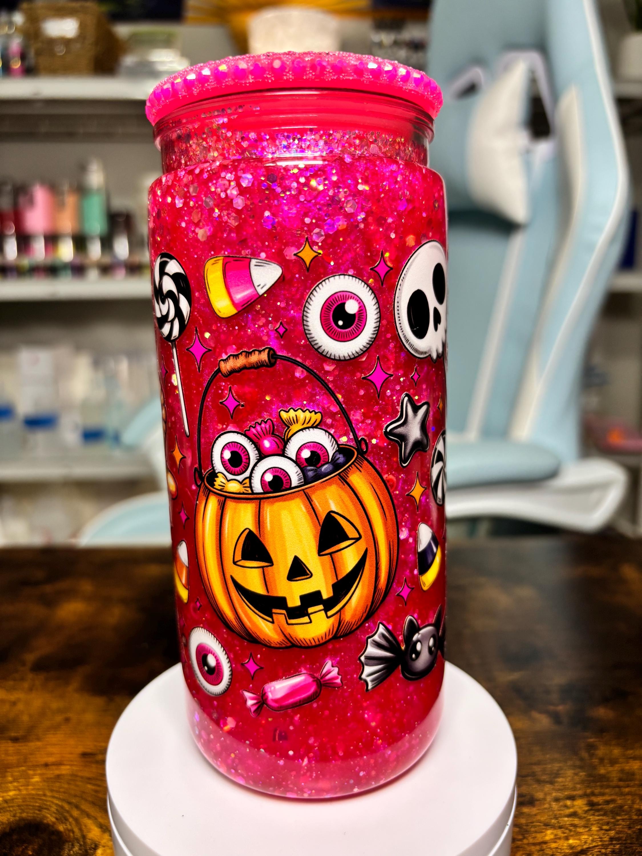 20oz Pink Halloween Snowglobe Tumbler with Rhinestone Lid, Spooky Candy Dreamscape Waterfall Glitter Cup, Creepy Cute Halloween Gift