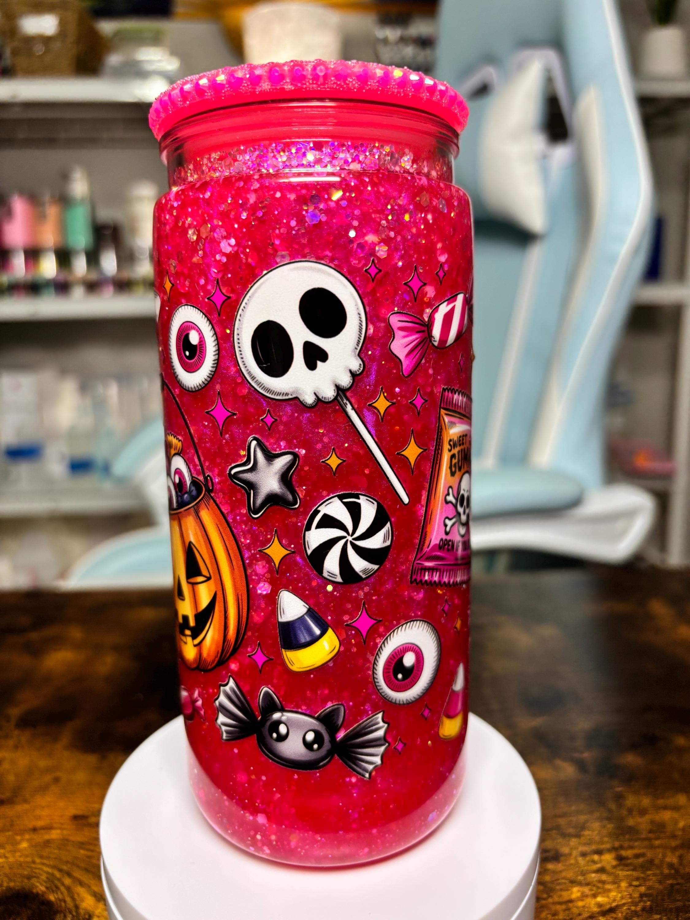 20oz Pink Halloween Snowglobe Tumbler with Rhinestone Lid, Spooky Candy Dreamscape Waterfall Glitter Cup, Creepy Cute Halloween Gift