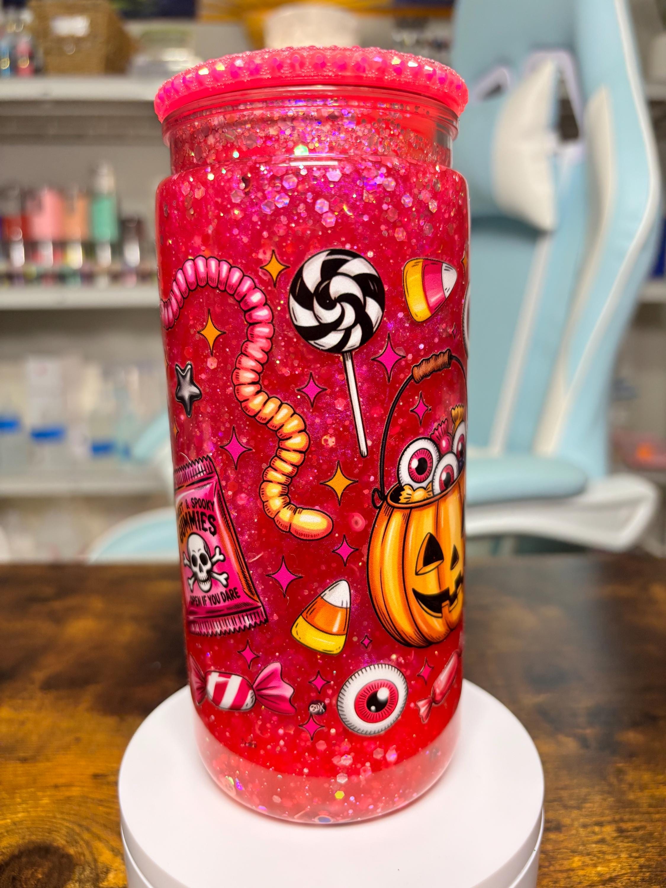 20oz Pink Halloween Snowglobe Tumbler with Rhinestone Lid, Spooky Candy Dreamscape Waterfall Glitter Cup, Creepy Cute Halloween Gift