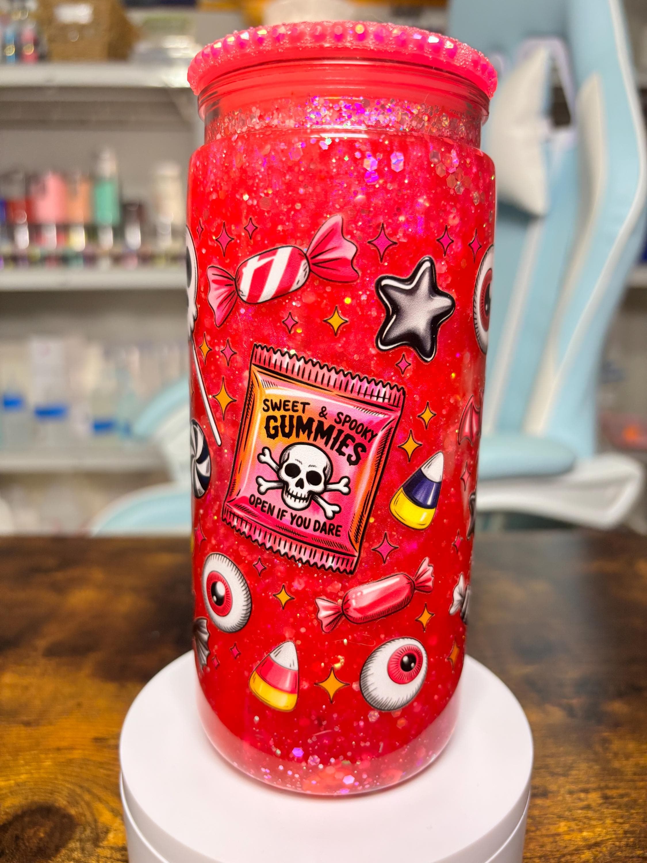 20oz Pink Halloween Snowglobe Tumbler with Rhinestone Lid, Spooky Candy Dreamscape Waterfall Glitter Cup, Creepy Cute Halloween Gift