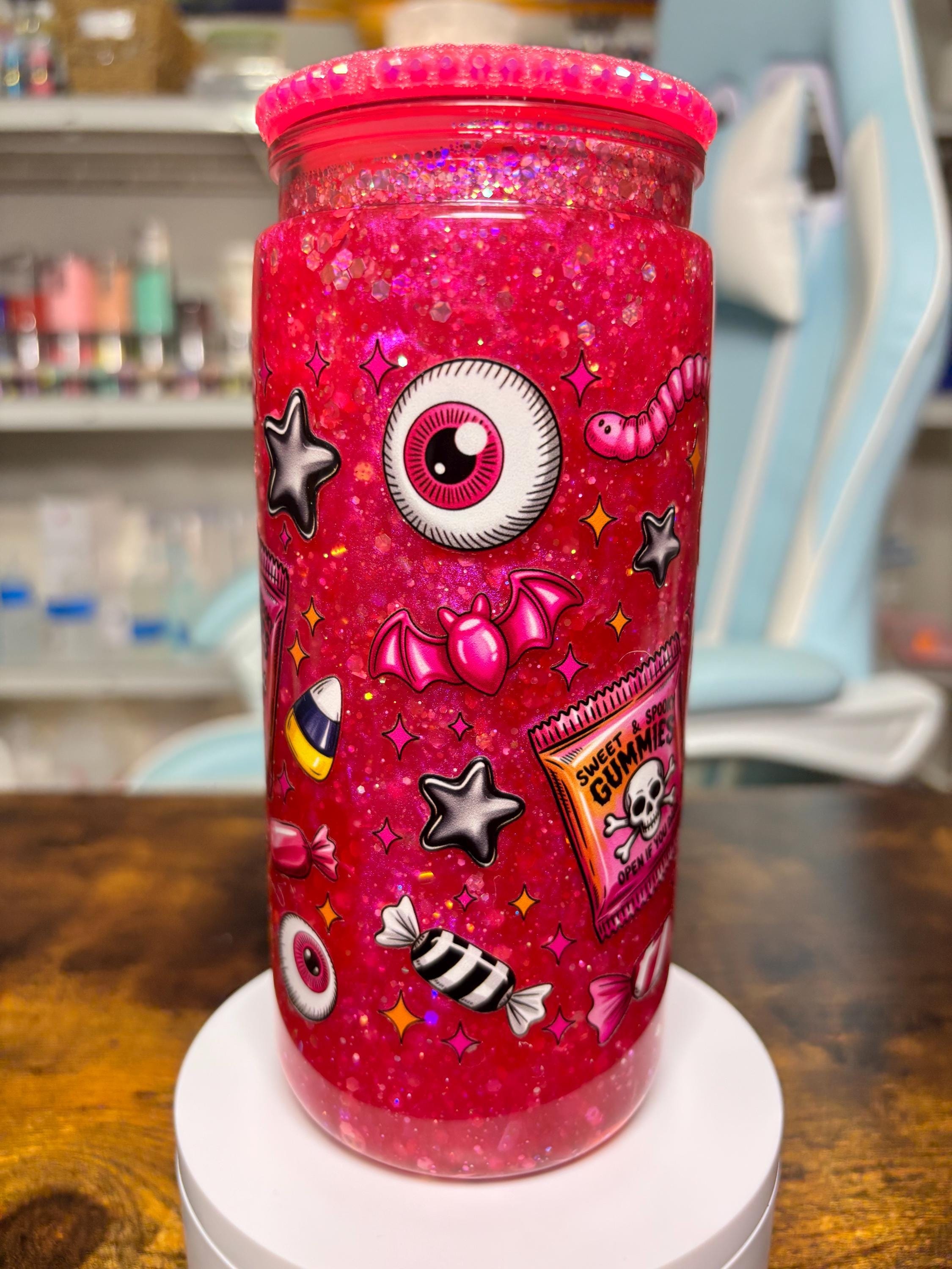 20oz Pink Halloween Snowglobe Tumbler with Rhinestone Lid, Spooky Candy Dreamscape Waterfall Glitter Cup, Creepy Cute Halloween Gift