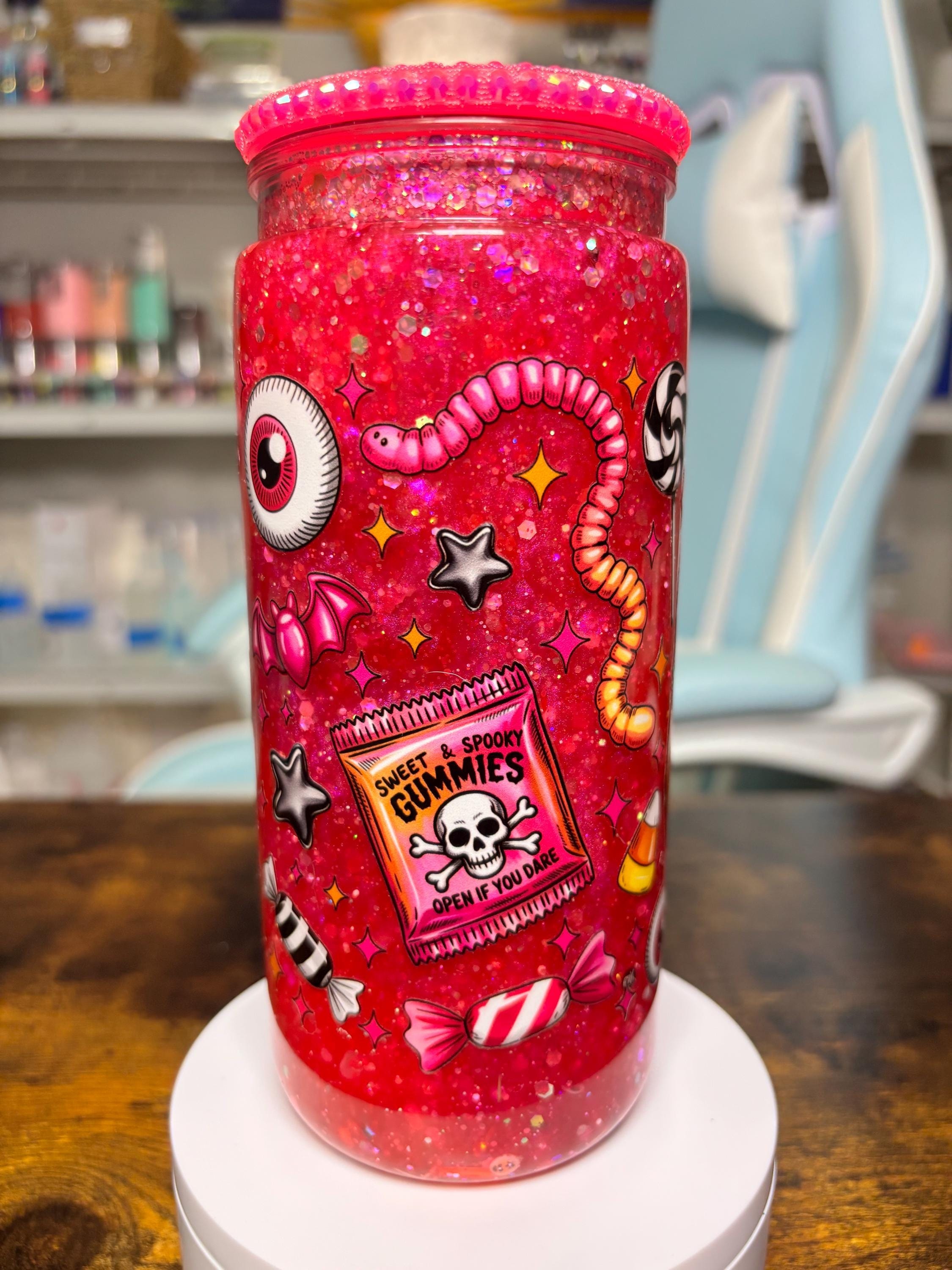 20oz Pink Halloween Snowglobe Tumbler with Rhinestone Lid, Spooky Candy Dreamscape Waterfall Glitter Cup, Creepy Cute Halloween Gift