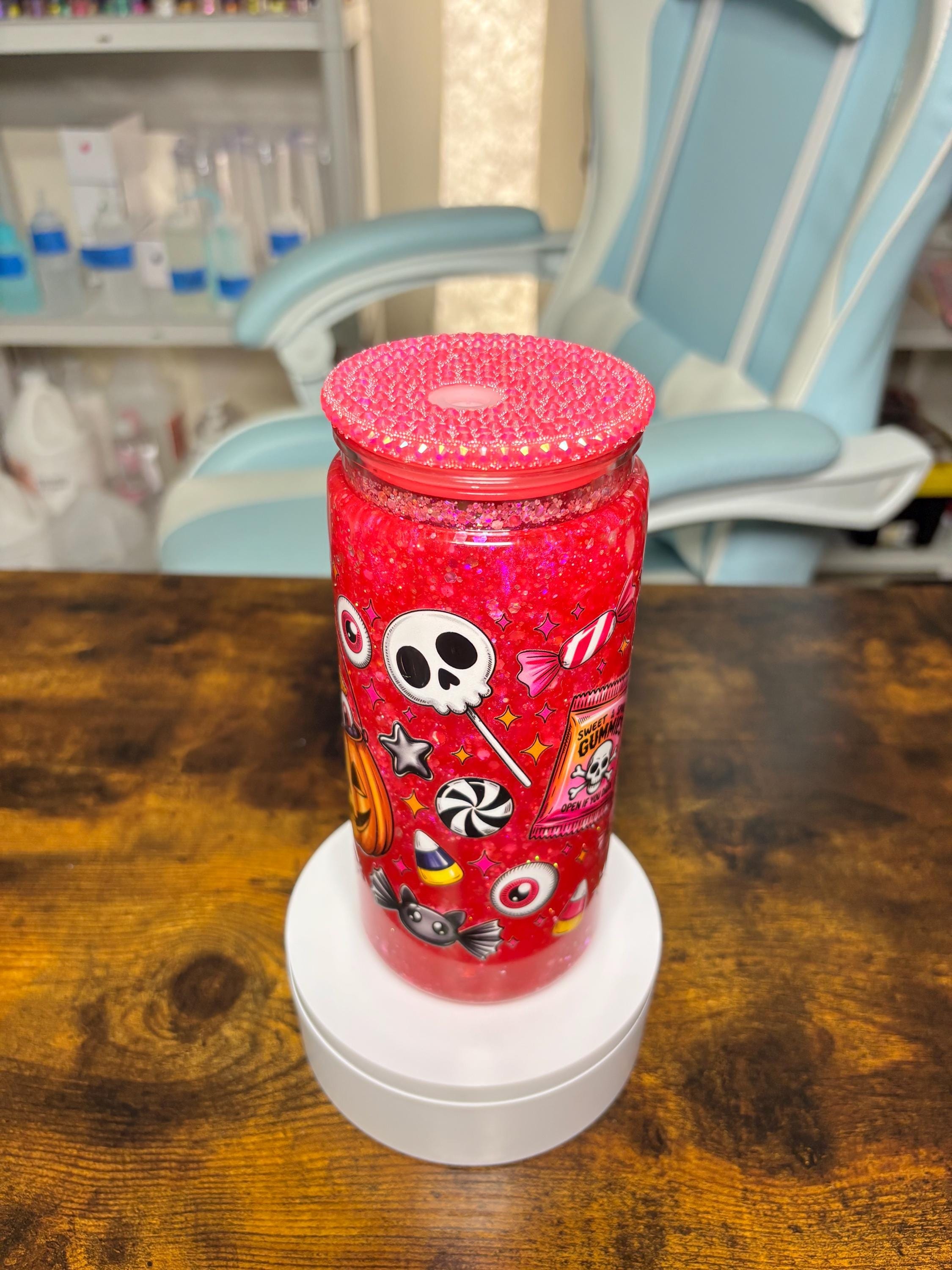 20oz Pink Halloween Snowglobe Tumbler with Rhinestone Lid, Spooky Candy Dreamscape Waterfall Glitter Cup, Creepy Cute Halloween Gift