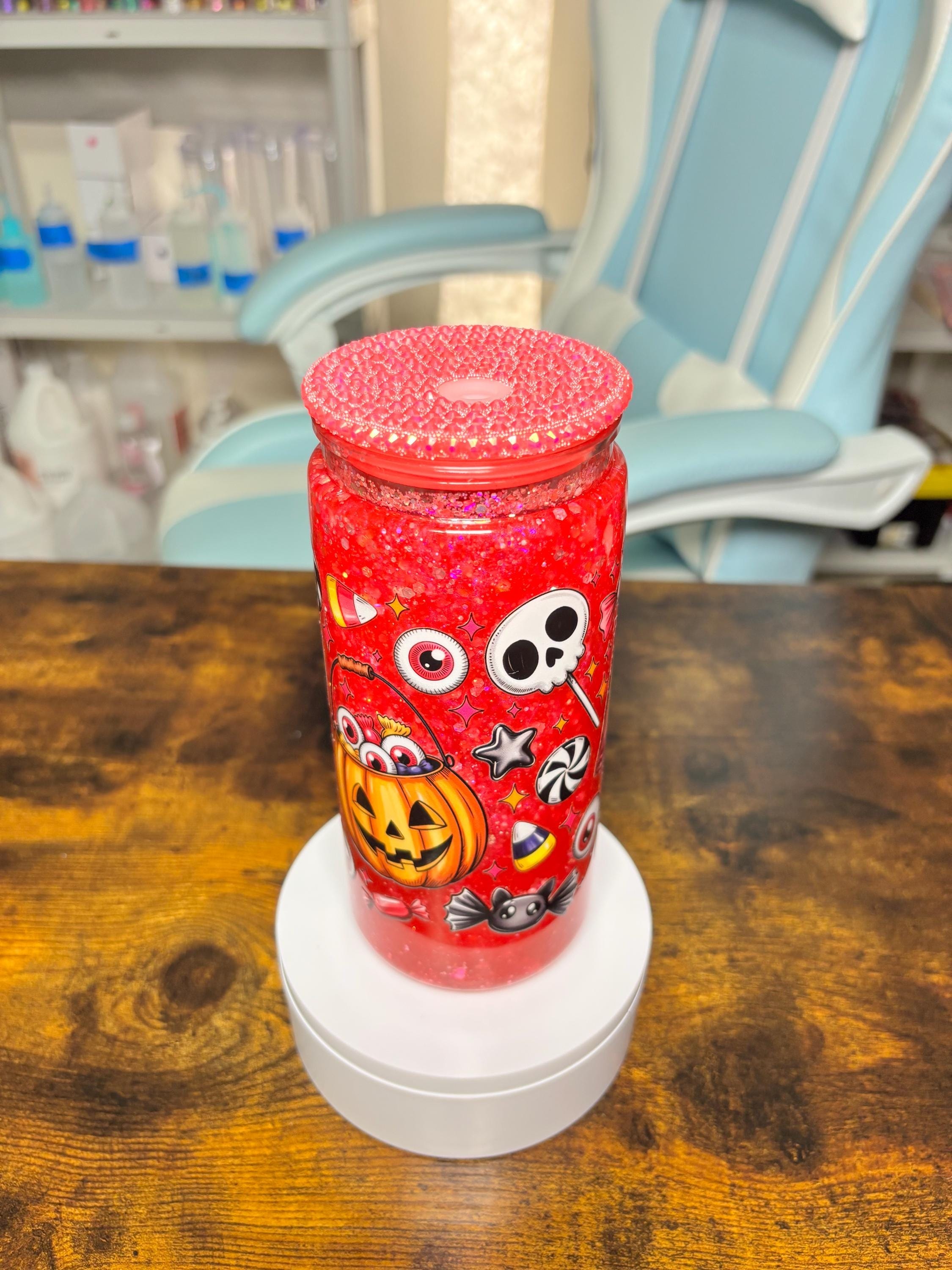 20oz Pink Halloween Snowglobe Tumbler with Rhinestone Lid, Spooky Candy Dreamscape Waterfall Glitter Cup, Creepy Cute Halloween Gift