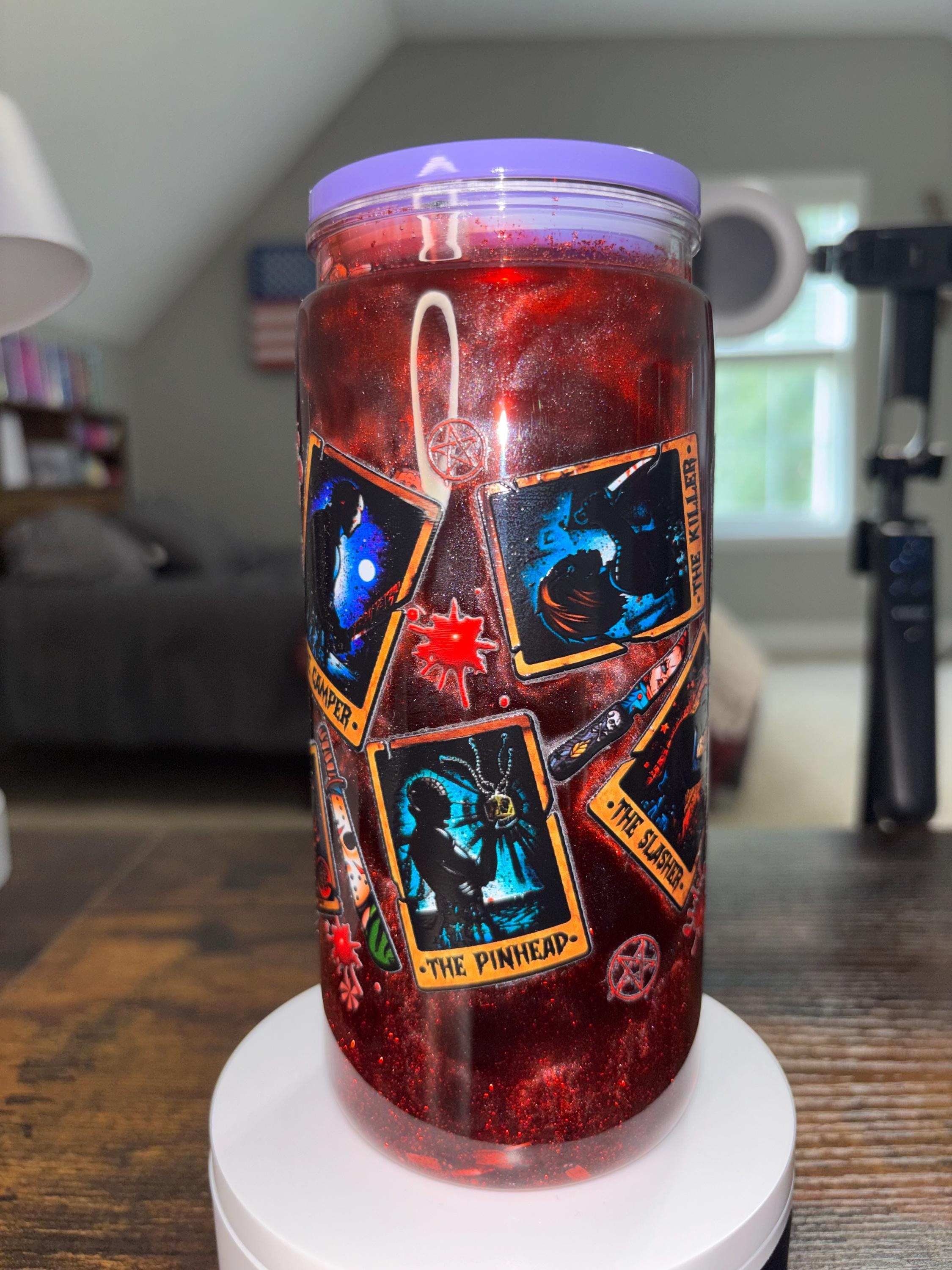 Storybook Horror Snow Globe Tumbler 20oz, Cateye Waterfall Cup, Halloween Iced Coffee Tumbler, Handmade Acrylic Glitter Drinkware