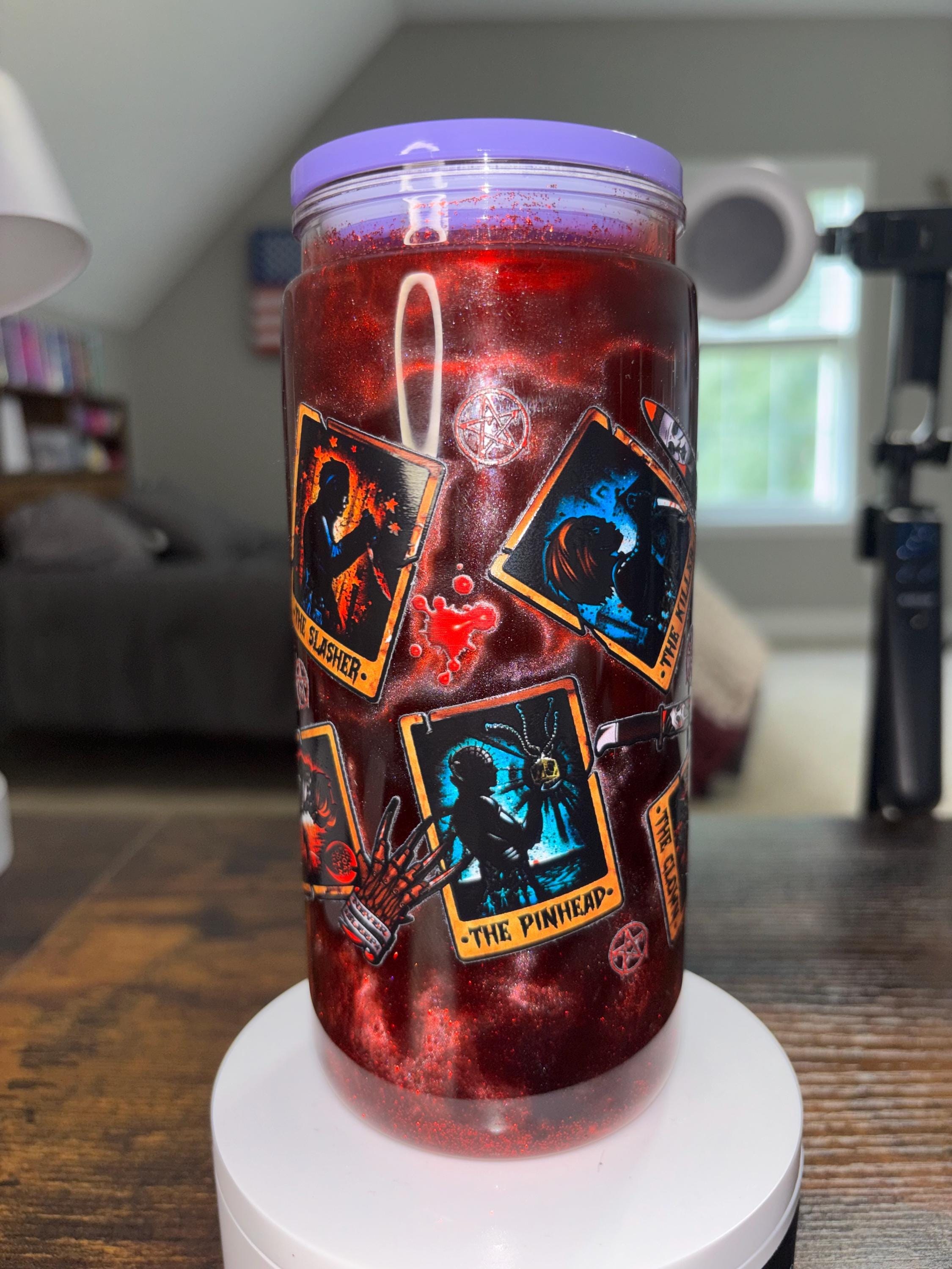 Storybook Horror Snow Globe Tumbler 20oz, Cateye Waterfall Cup, Halloween Iced Coffee Tumbler, Handmade Acrylic Glitter Drinkware