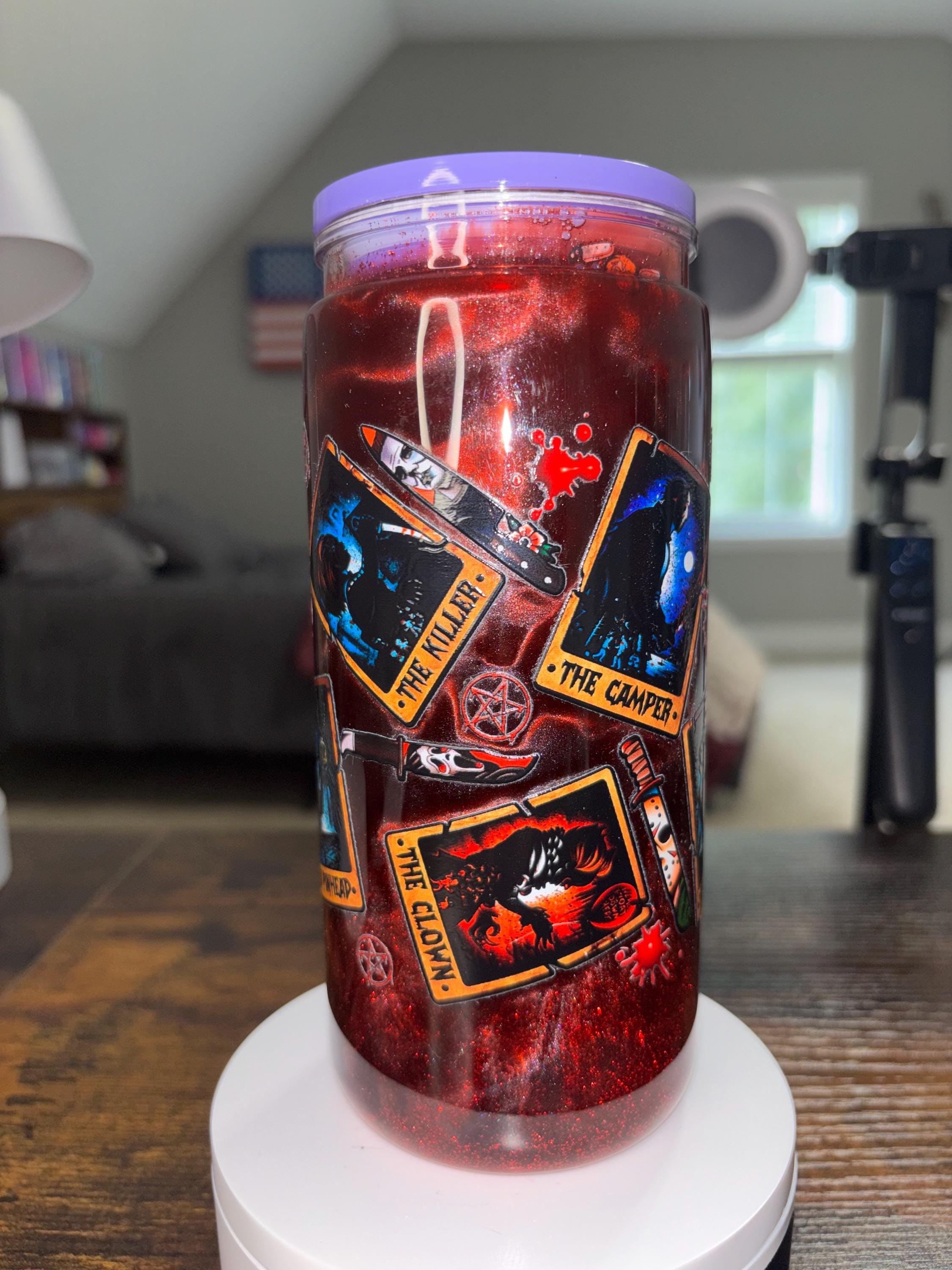 Storybook Horror Snow Globe Tumbler 20oz, Cateye Waterfall Cup, Halloween Iced Coffee Tumbler, Handmade Acrylic Glitter Drinkware