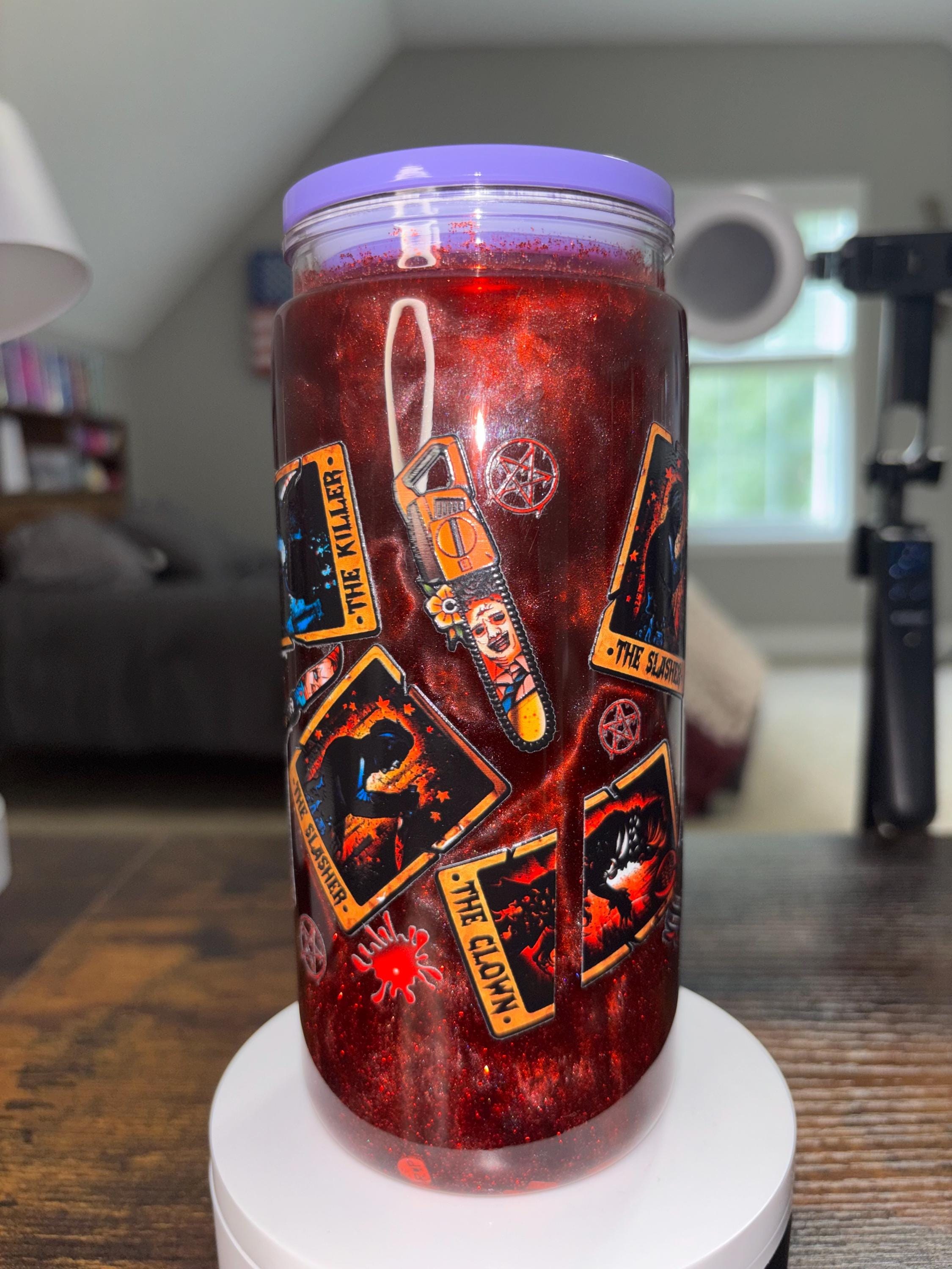 Storybook Horror Snow Globe Tumbler 20oz, Cateye Waterfall Cup, Halloween Iced Coffee Tumbler, Handmade Acrylic Glitter Drinkware