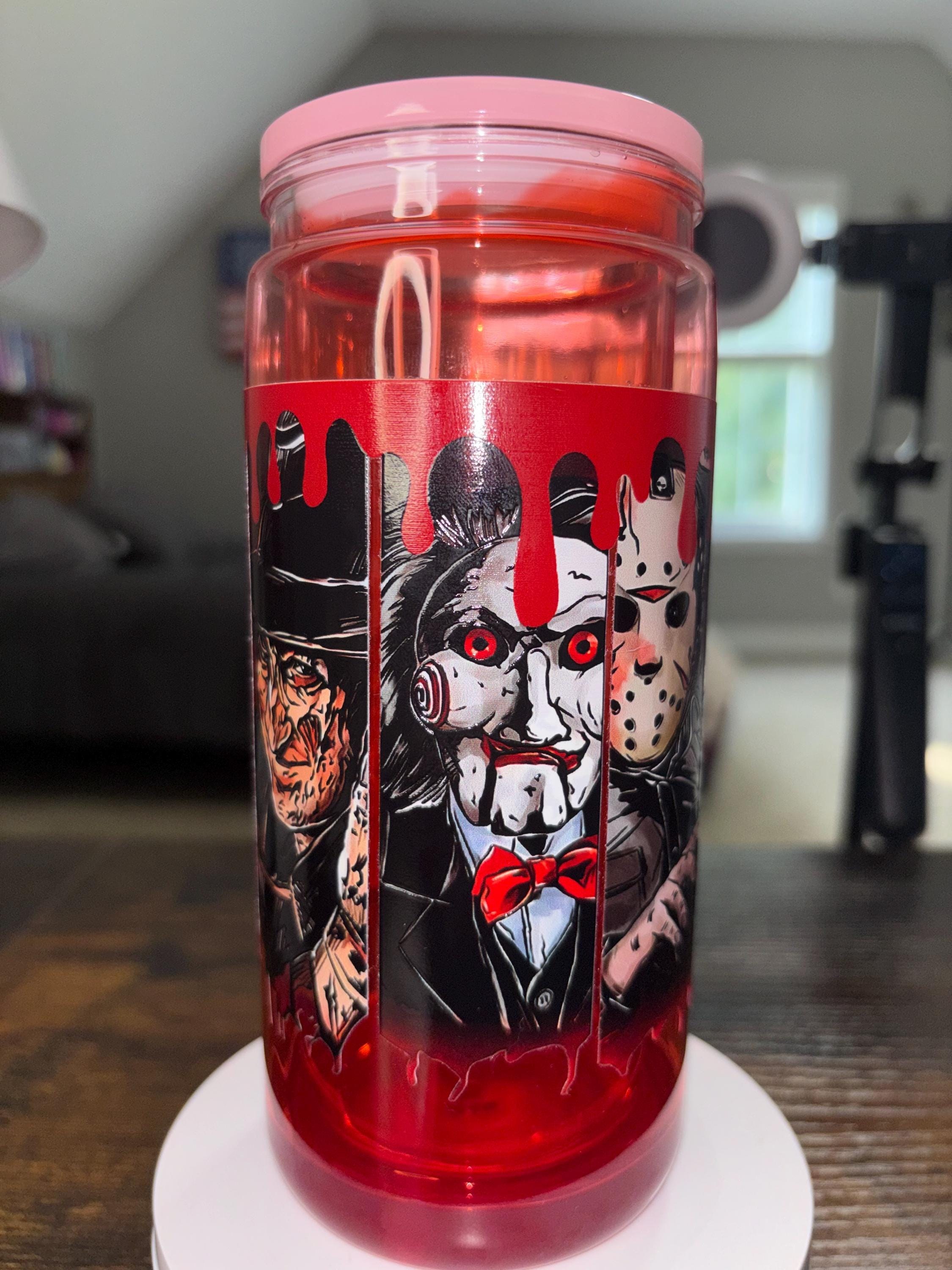 Horror Movie Snow Globe Tumbler 20oz, Cateye Waterfall Cup, Halloween Iced Coffee Tumbler, Handmade Acrylic Glitter Drinkware