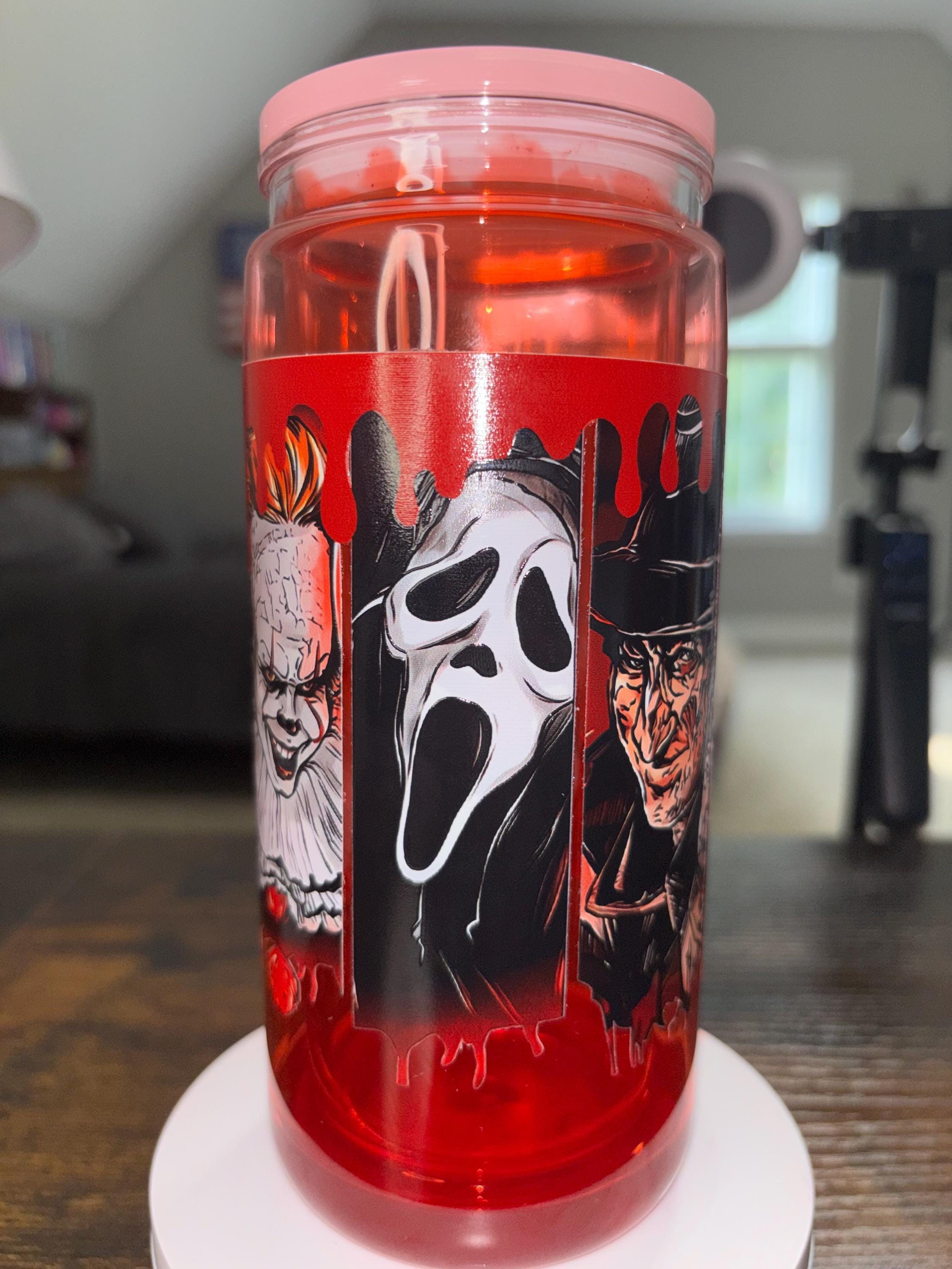 Horror Movie Snow Globe Tumbler 20oz, Cateye Waterfall Cup, Halloween Iced Coffee Tumbler, Handmade Acrylic Glitter Drinkware