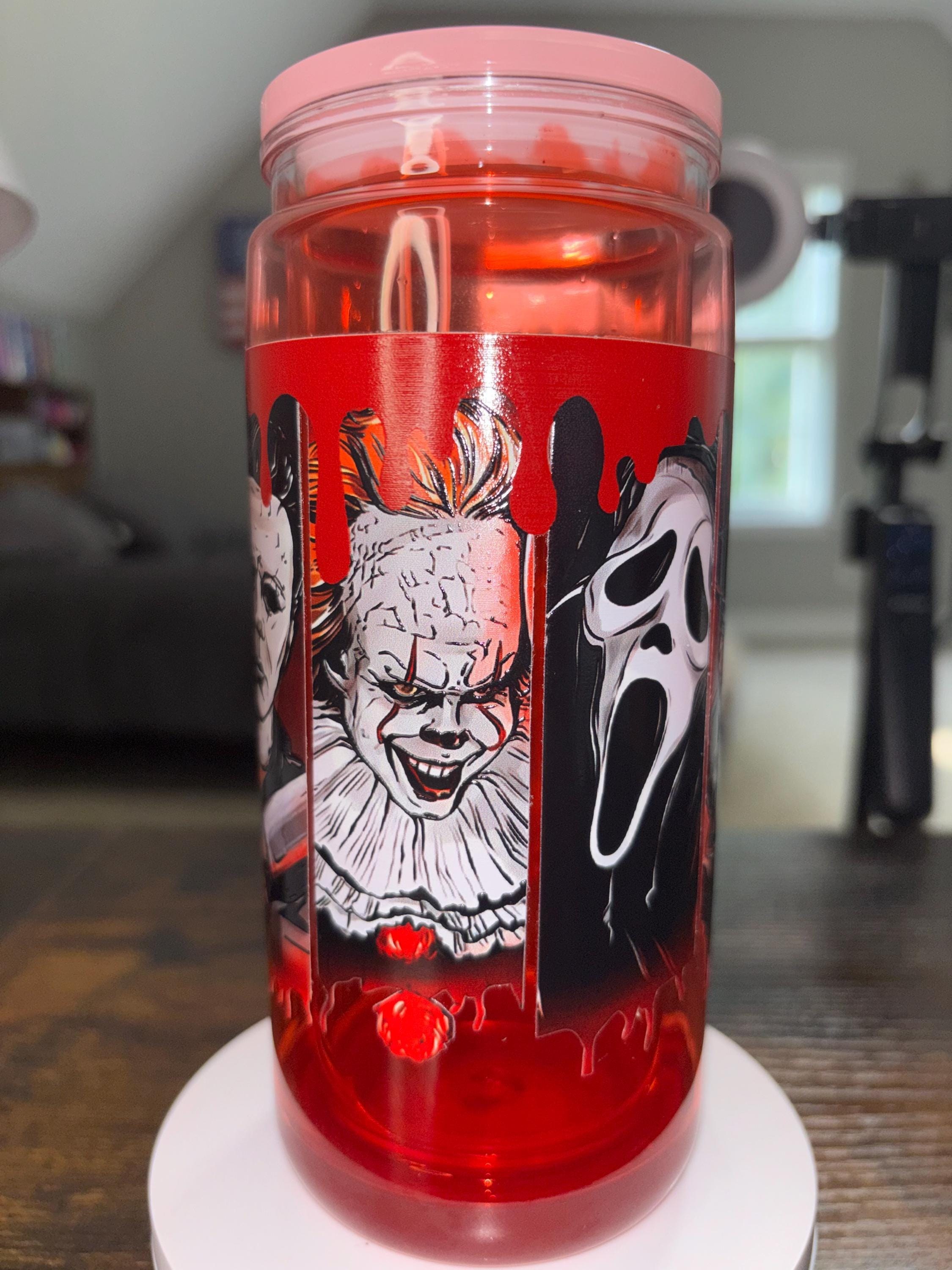 Horror Movie Snow Globe Tumbler 20oz, Cateye Waterfall Cup, Halloween Iced Coffee Tumbler, Handmade Acrylic Glitter Drinkware