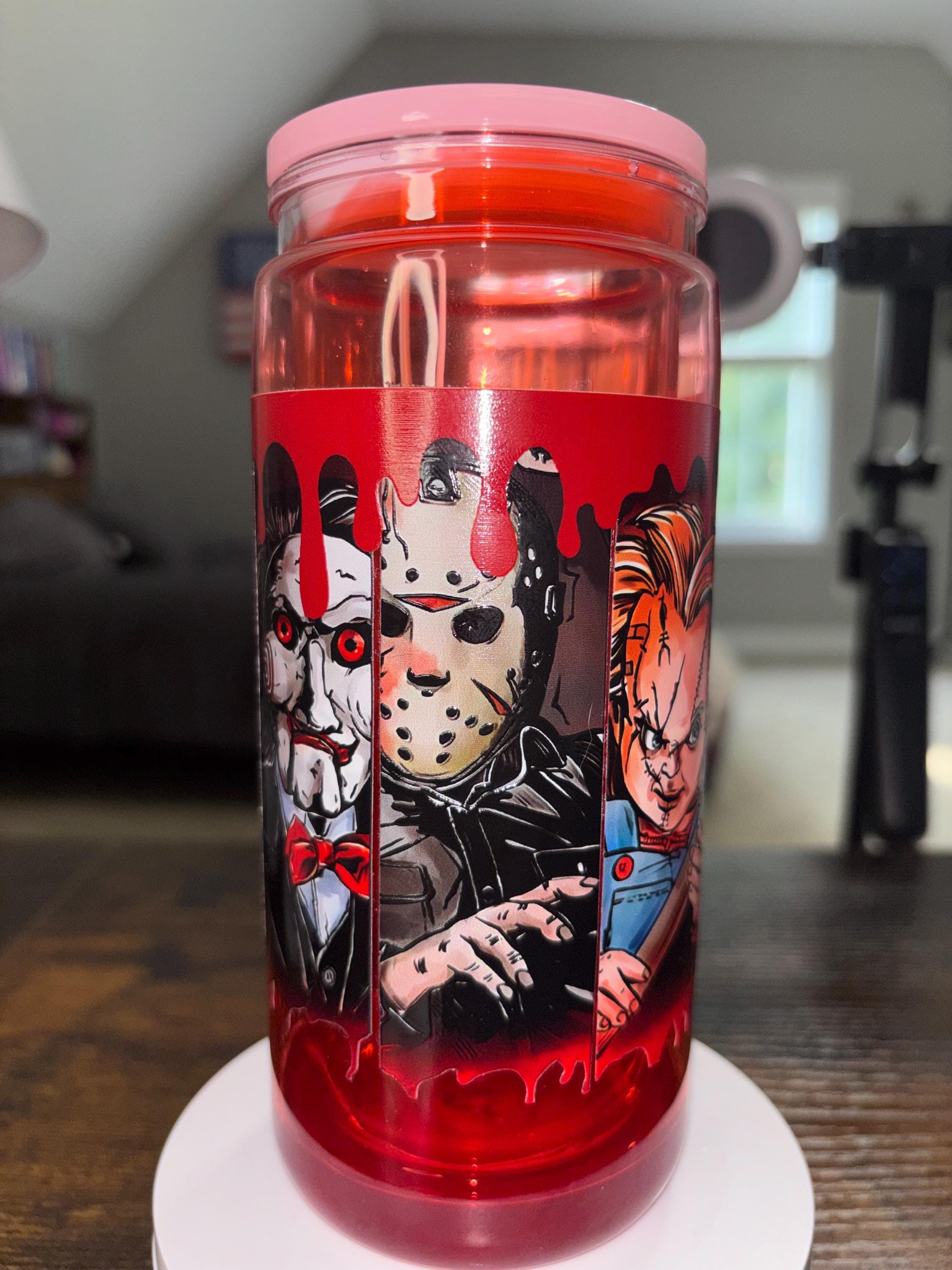 Horror Movie Snow Globe Tumbler 20oz, Cateye Waterfall Cup, Halloween Iced Coffee Tumbler, Handmade Acrylic Glitter Drinkware