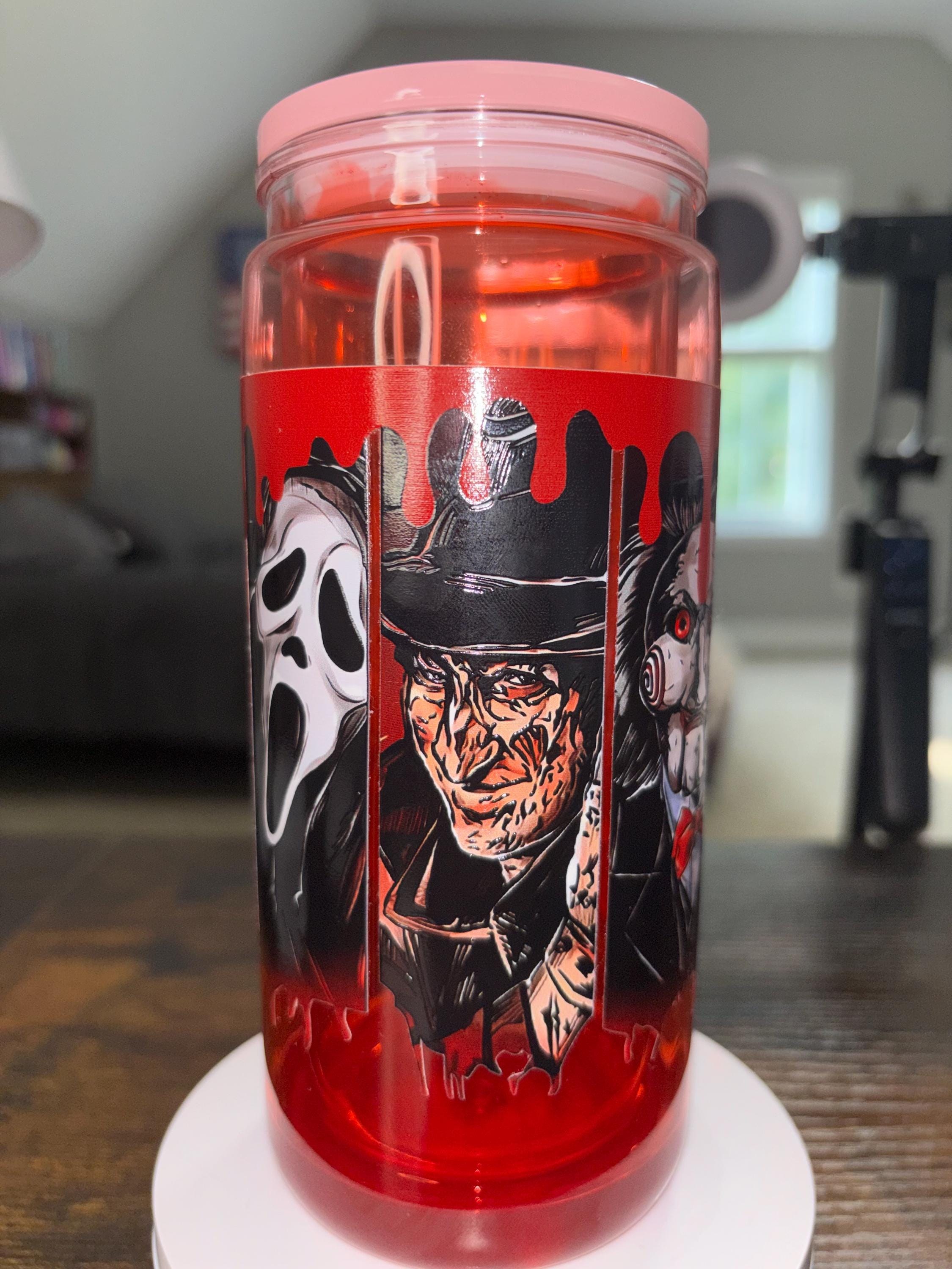 Horror Movie Snow Globe Tumbler 20oz, Cateye Waterfall Cup, Halloween Iced Coffee Tumbler, Handmade Acrylic Glitter Drinkware