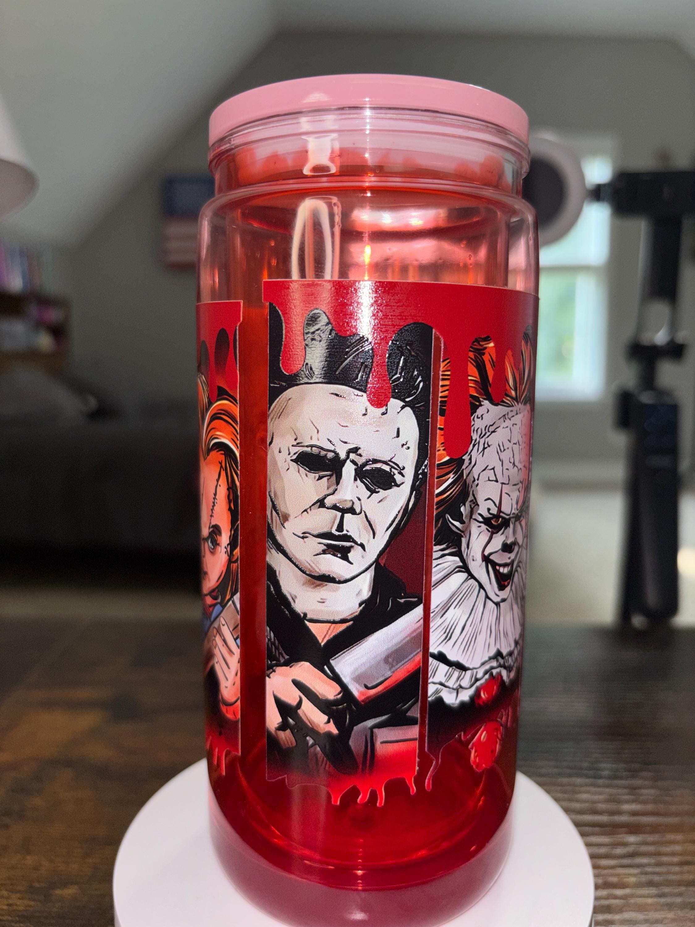 Horror Movie Snow Globe Tumbler 20oz, Cateye Waterfall Cup, Halloween Iced Coffee Tumbler, Handmade Acrylic Glitter Drinkware