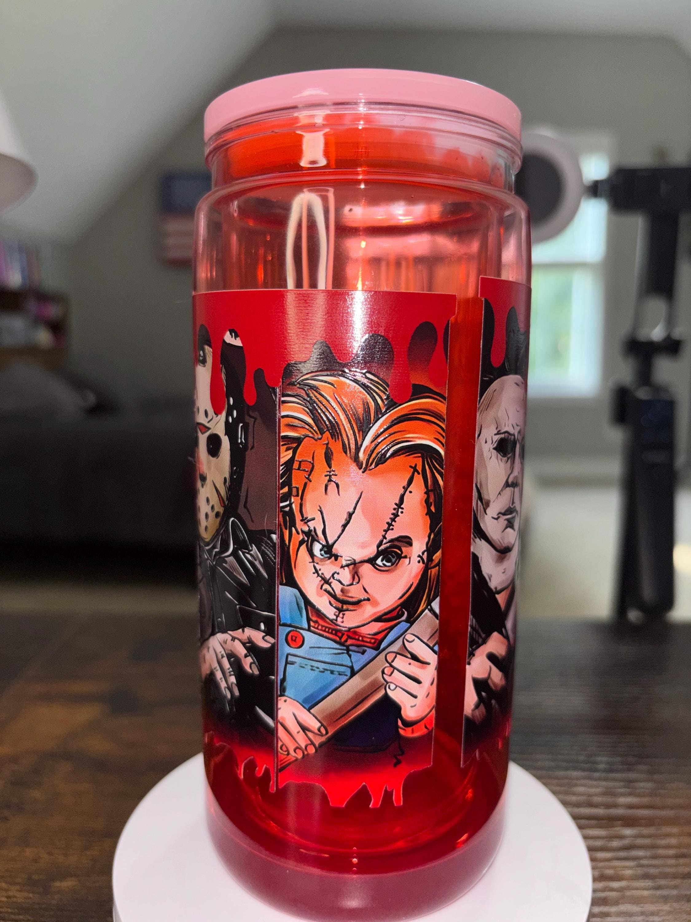 Horror Movie Snow Globe Tumbler 20oz, Cateye Waterfall Cup, Halloween Iced Coffee Tumbler, Handmade Acrylic Glitter Drinkware