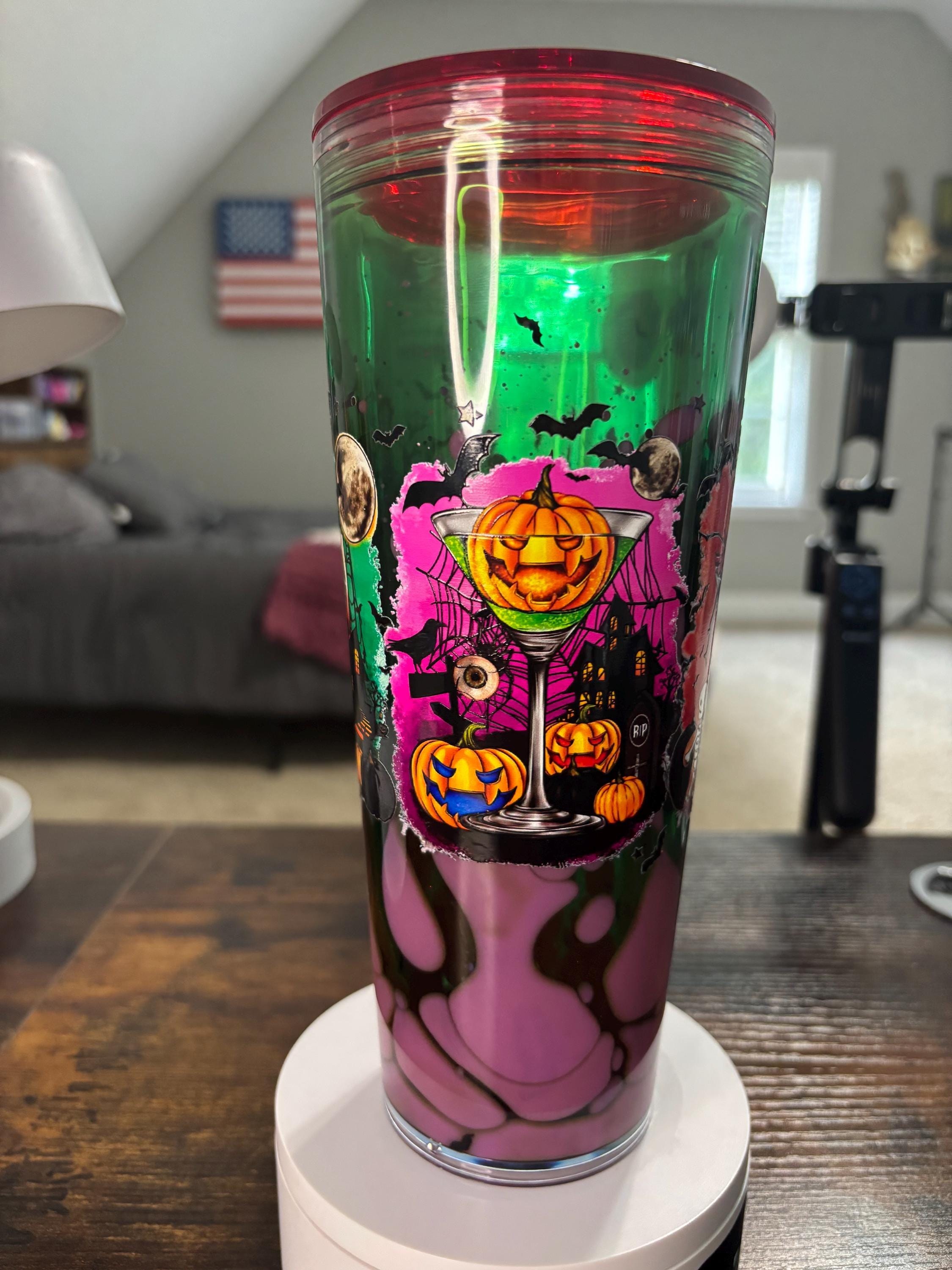 Witchy Halloween Snow Globe Tumbler 24oz, Witch Iced Coffee Cup, Handmade Acrylic Glitter Waterfall Drinkware, Spooky Fall Gift