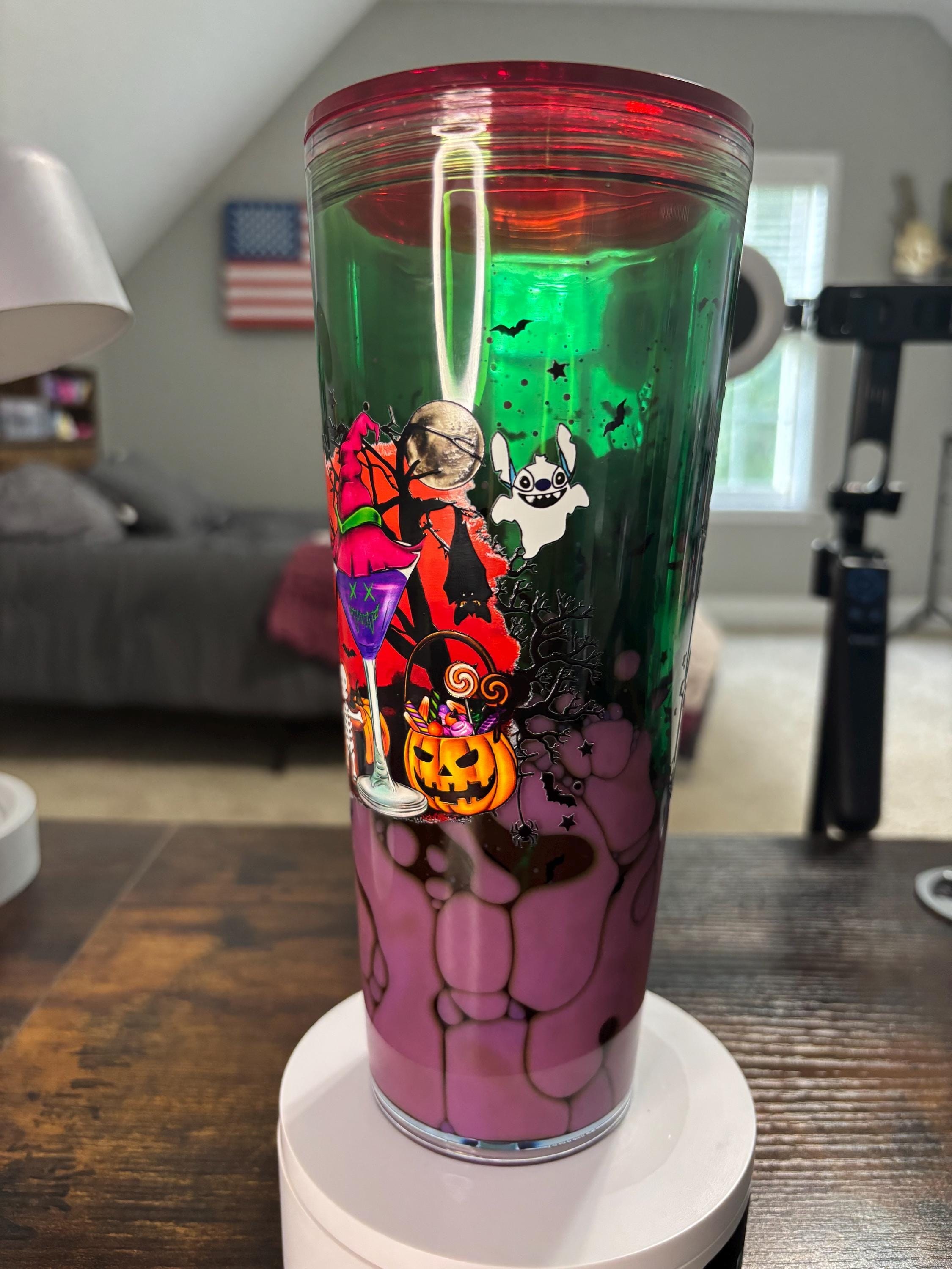 Witchy Halloween Snow Globe Tumbler 24oz, Witch Iced Coffee Cup, Handmade Acrylic Glitter Waterfall Drinkware, Spooky Fall Gift