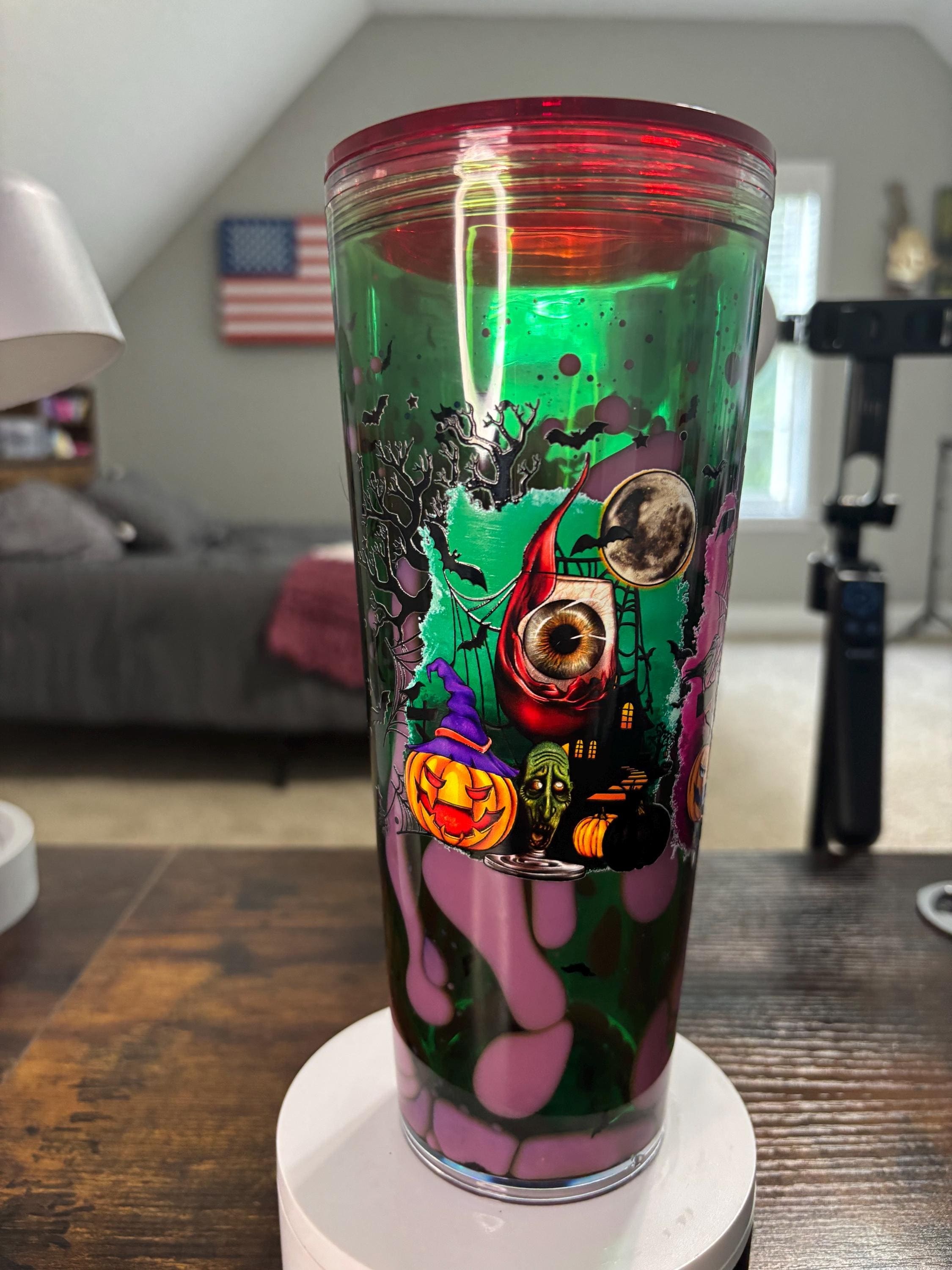 Witchy Halloween Snow Globe Tumbler 24oz, Witch Iced Coffee Cup, Handmade Acrylic Glitter Waterfall Drinkware, Spooky Fall Gift