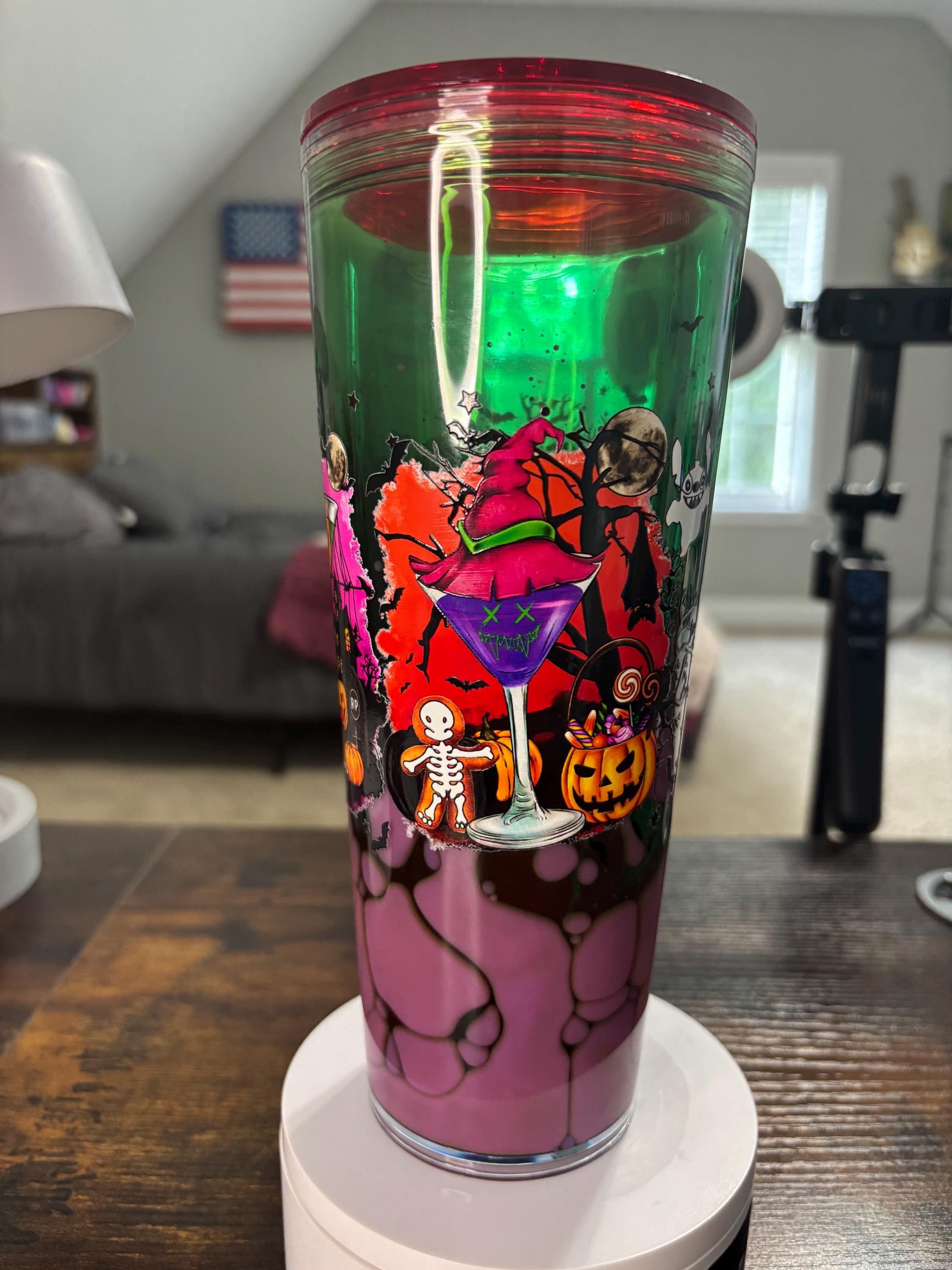 Witchy Halloween Snow Globe Tumbler 24oz, Witch Iced Coffee Cup, Handmade Acrylic Glitter Waterfall Drinkware, Spooky Fall Gift