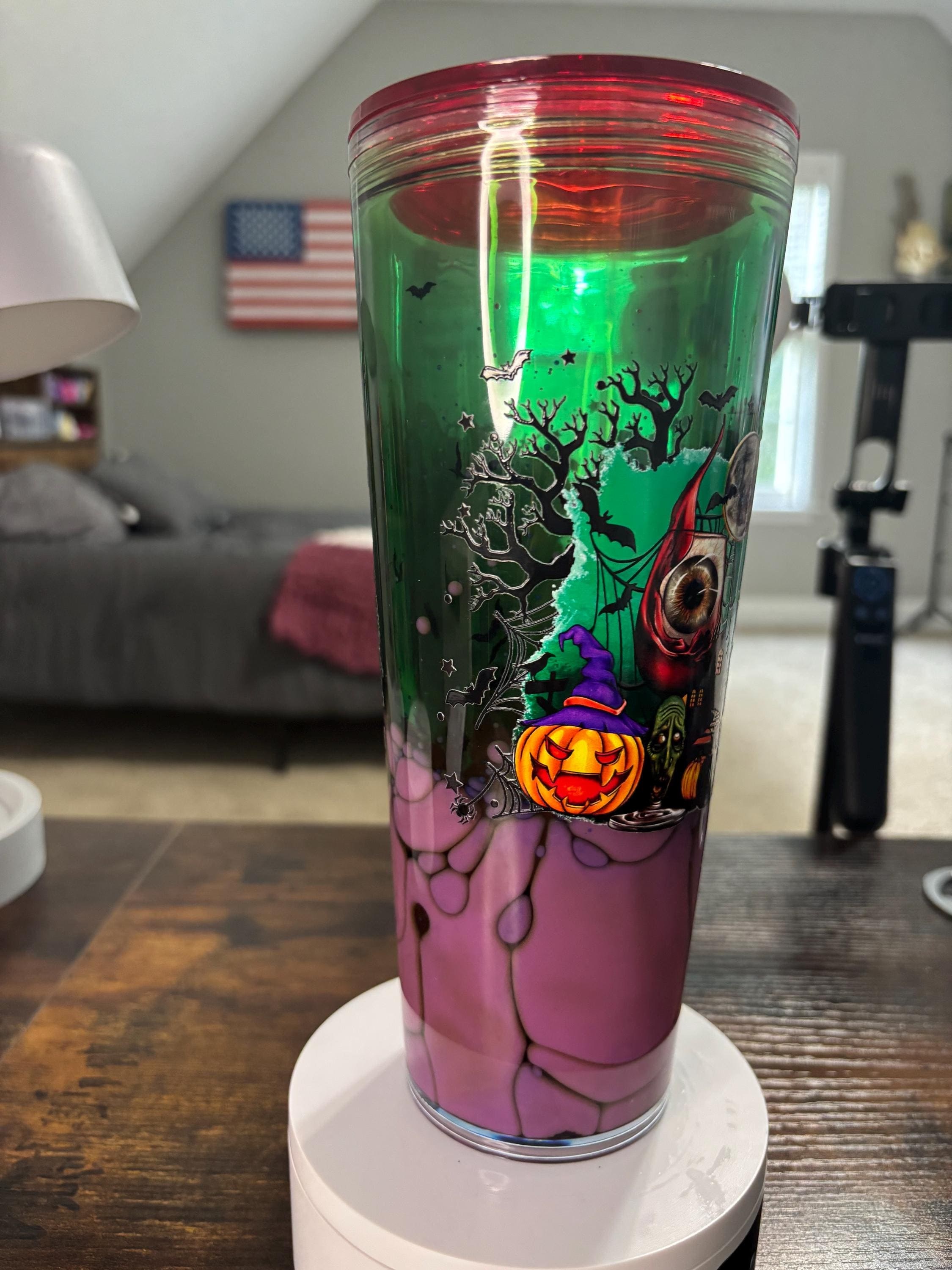 Witchy Halloween Snow Globe Tumbler 24oz, Witch Iced Coffee Cup, Handmade Acrylic Glitter Waterfall Drinkware, Spooky Fall Gift
