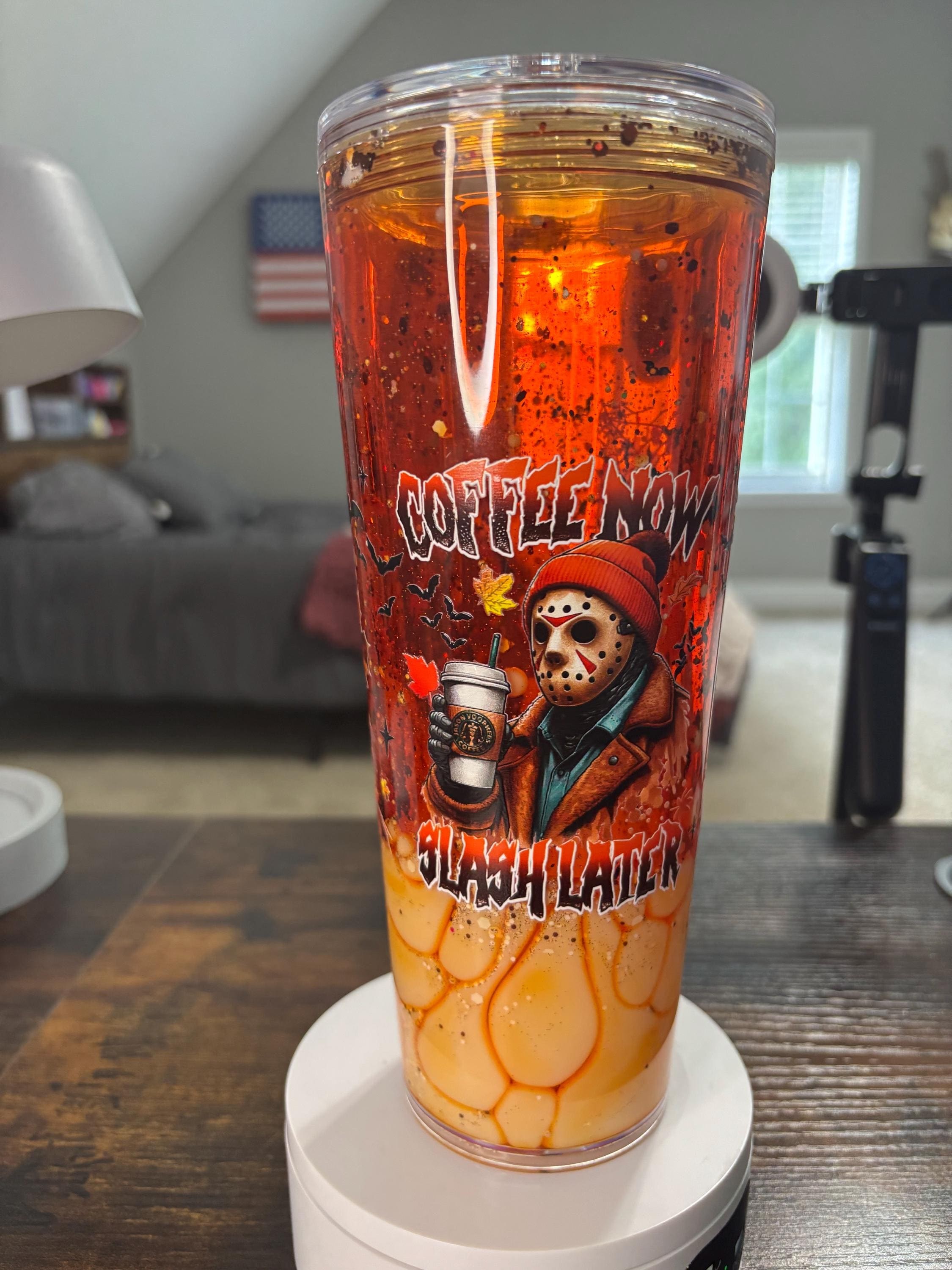 Coffee Now Later Snow Globe Tumbler 24oz, Iced Coffee Cup, Handmade Acrylic Glitter Waterfall Drinkware, Coffee Lover Gift