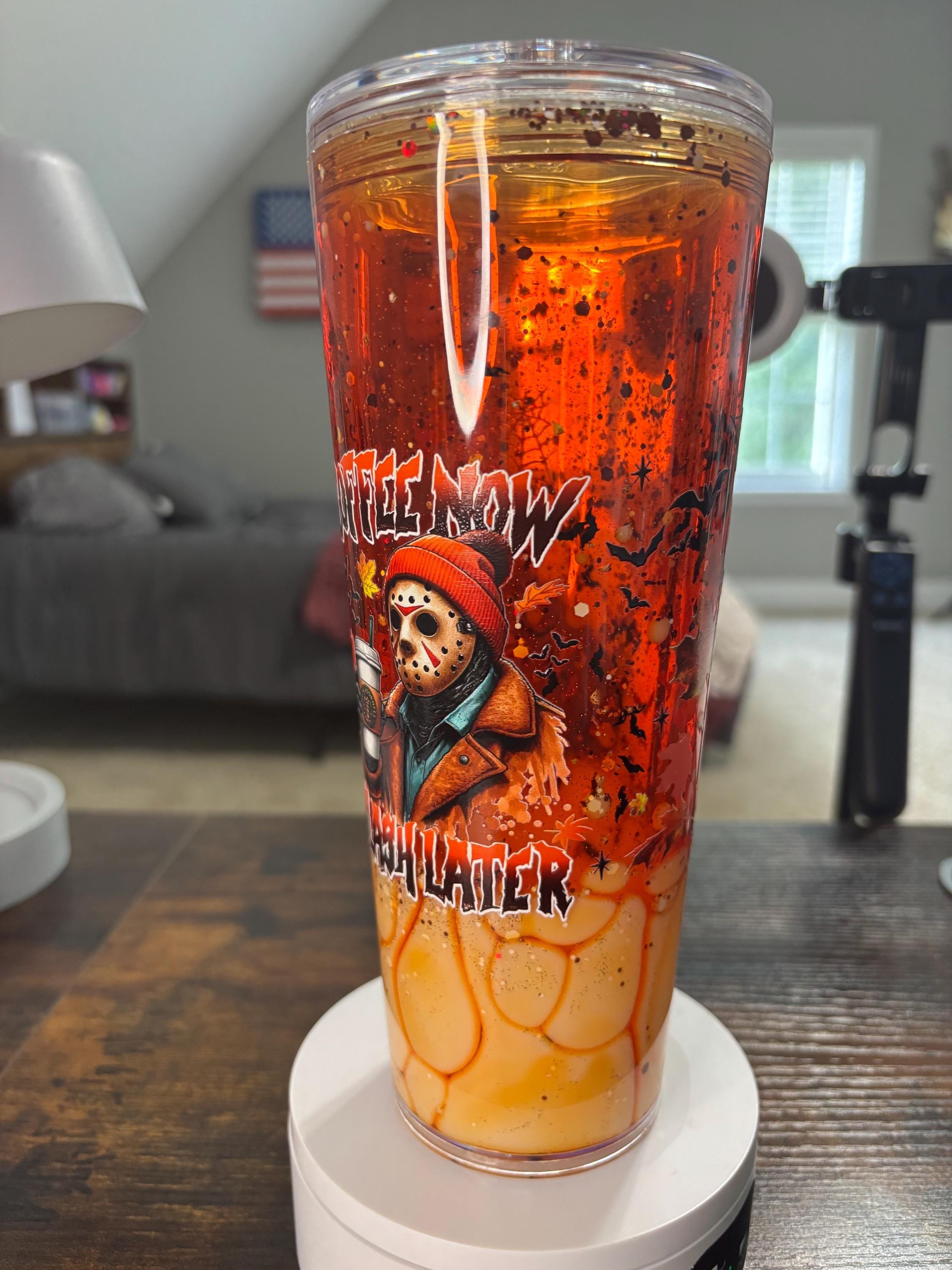 Coffee Now Later Snow Globe Tumbler 24oz, Iced Coffee Cup, Handmade Acrylic Glitter Waterfall Drinkware, Coffee Lover Gift
