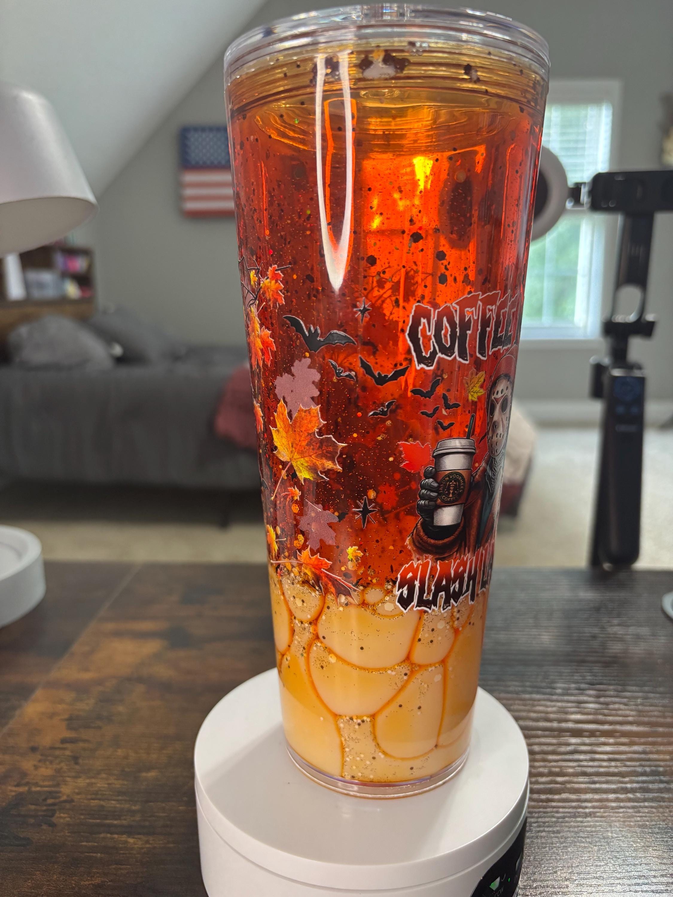 Coffee Now Later Snow Globe Tumbler 24oz, Iced Coffee Cup, Handmade Acrylic Glitter Waterfall Drinkware, Coffee Lover Gift