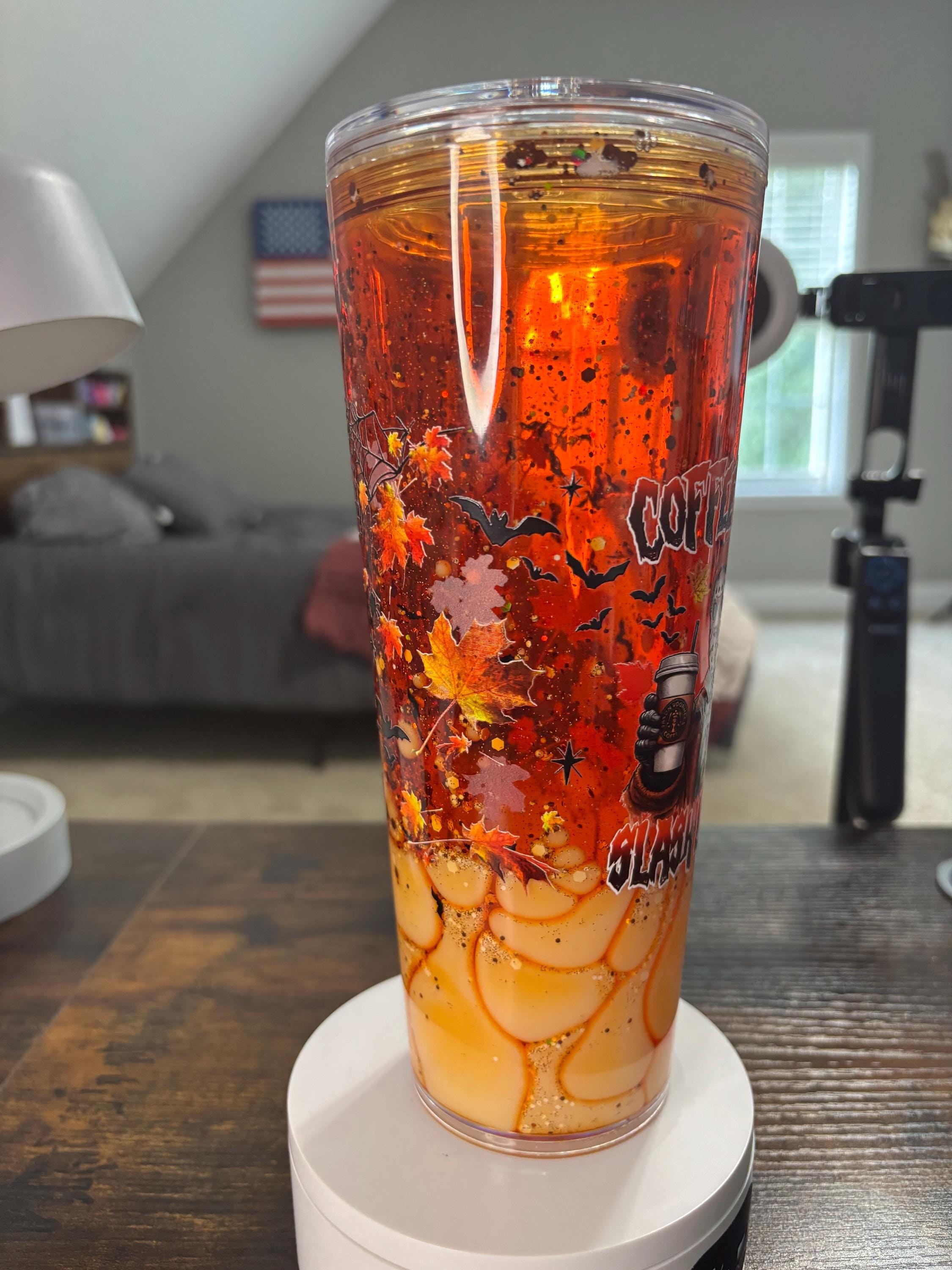 Coffee Now Later Snow Globe Tumbler 24oz, Iced Coffee Cup, Handmade Acrylic Glitter Waterfall Drinkware, Coffee Lover Gift
