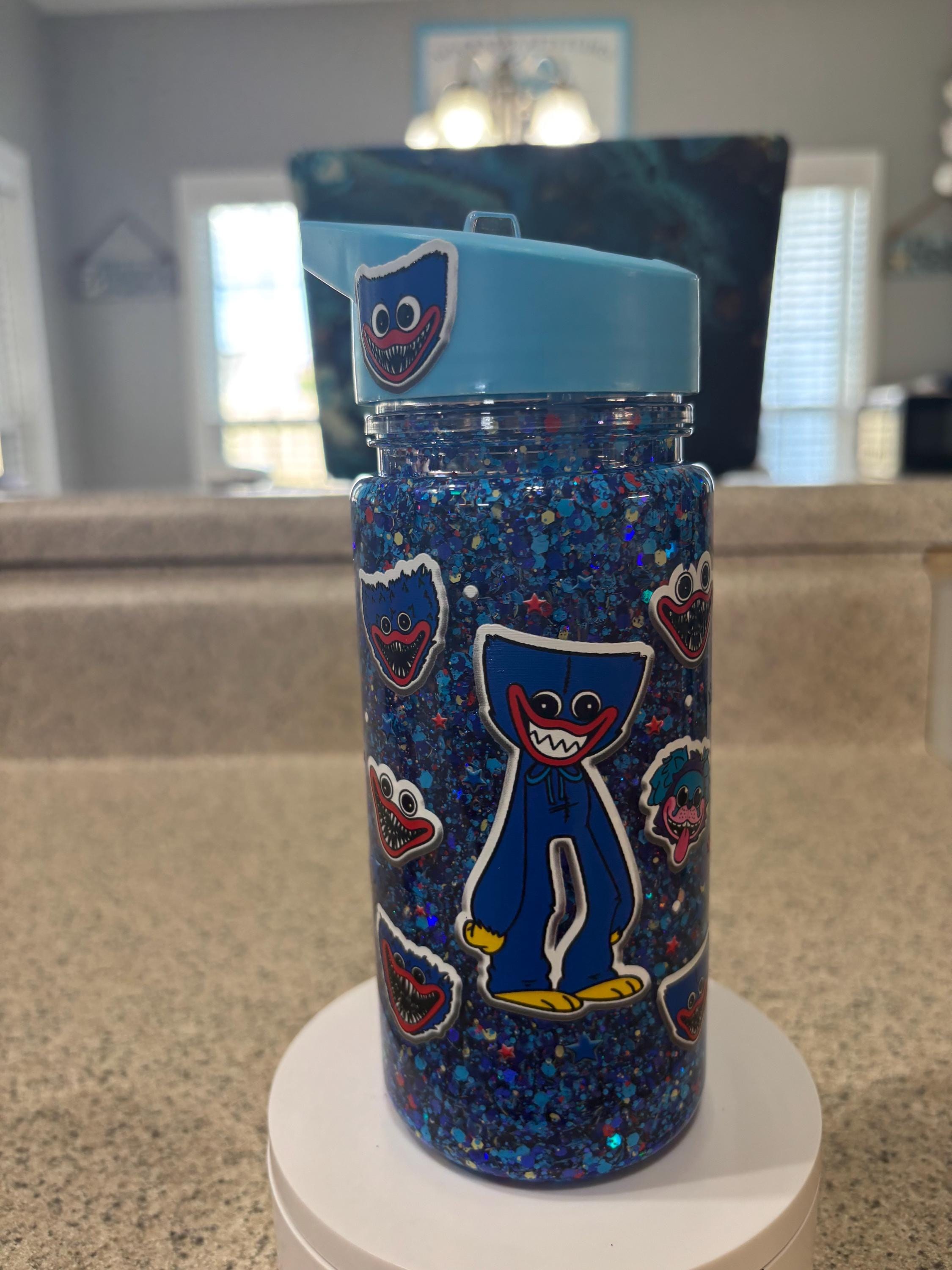 Kids Monster Snow Globe Tumbler 10oz, Blue Cartoon Flip Top Cup, Toddler Waterfall Drink Cup, Handmade Acrylic Kids Tumbler