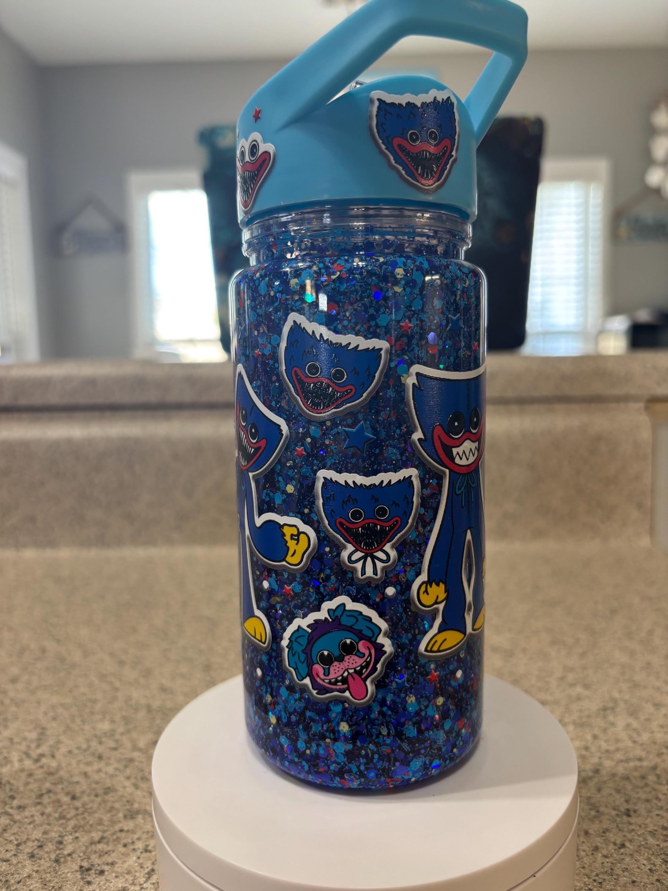Kids Monster Snow Globe Tumbler 10oz, Blue Cartoon Flip Top Cup, Toddler Waterfall Drink Cup, Handmade Acrylic Kids Tumbler