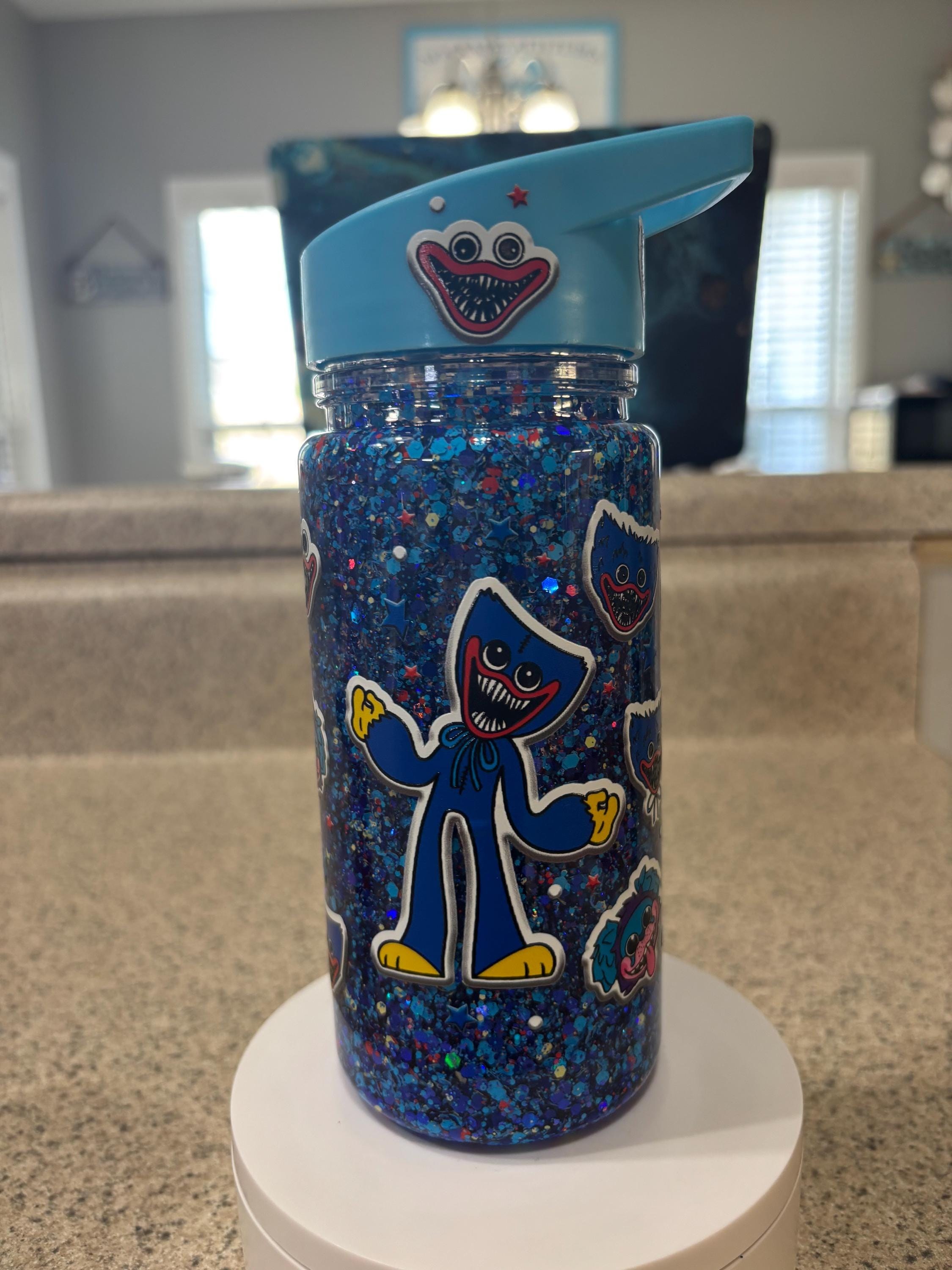 Kids Monster Snow Globe Tumbler 10oz, Blue Cartoon Flip Top Cup, Toddler Waterfall Drink Cup, Handmade Acrylic Kids Tumbler