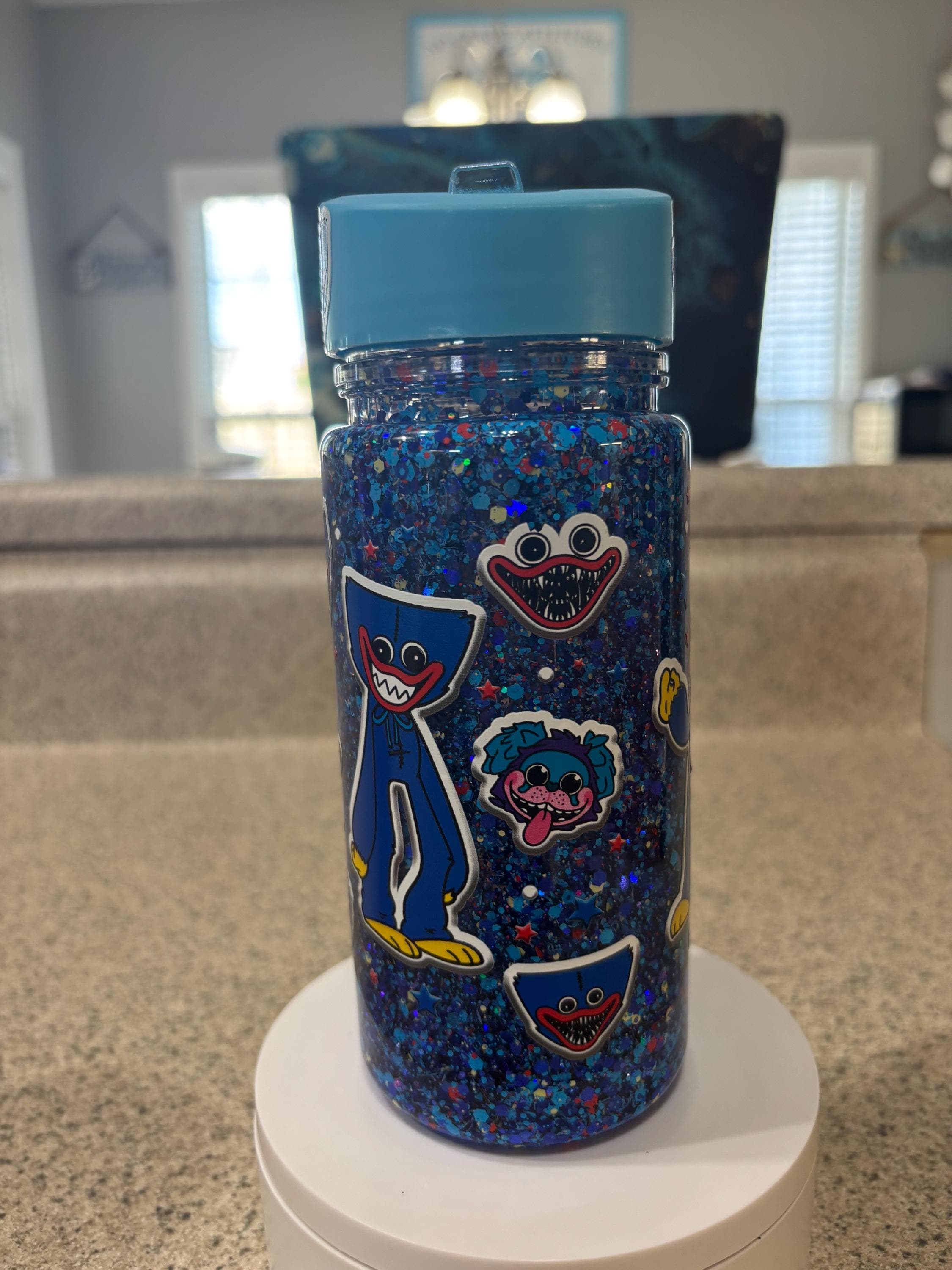 Kids Monster Snow Globe Tumbler 10oz, Blue Cartoon Flip Top Cup, Toddler Waterfall Drink Cup, Handmade Acrylic Kids Tumbler