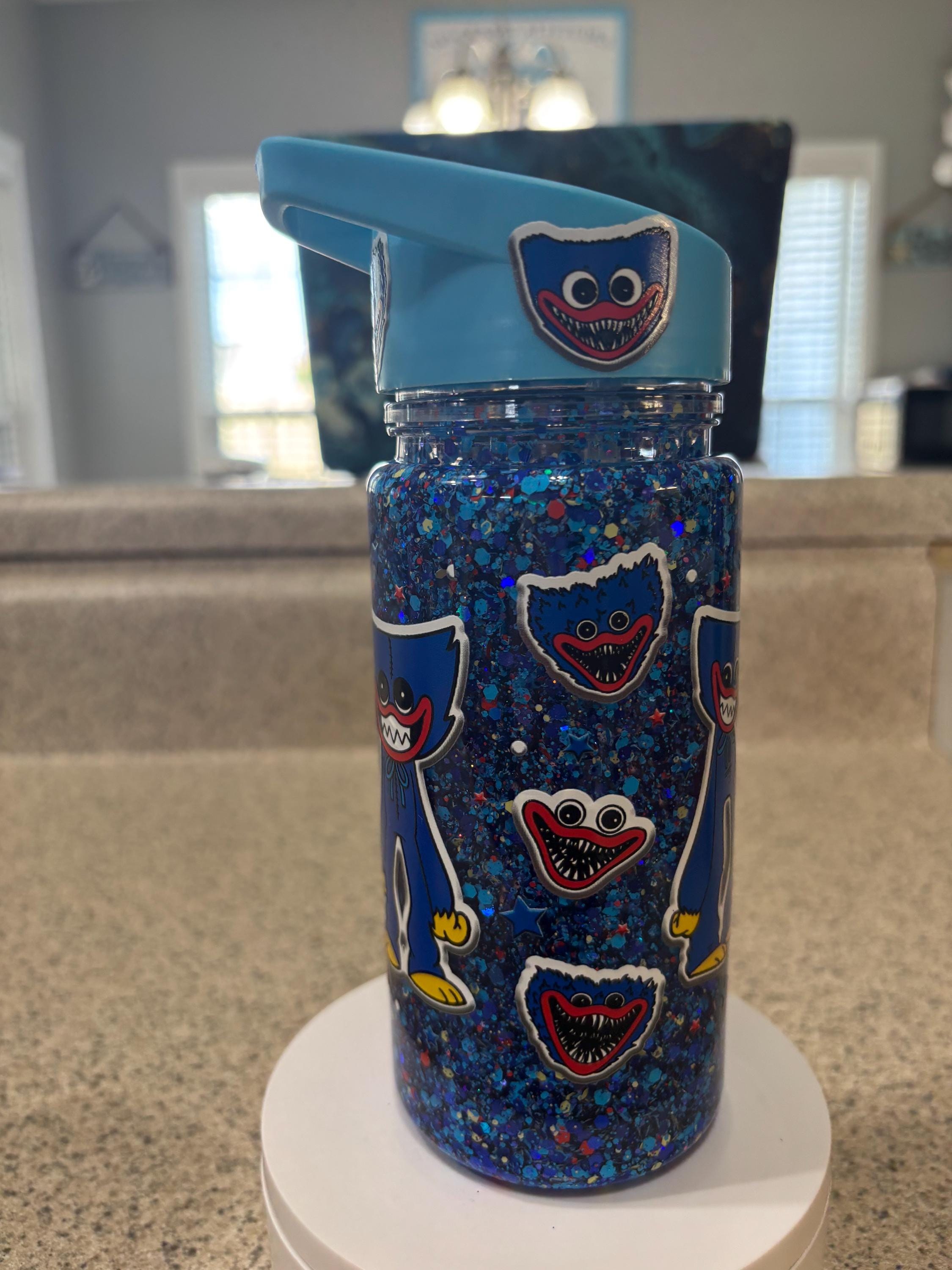 Kids Monster Snow Globe Tumbler 10oz, Blue Cartoon Flip Top Cup, Toddler Waterfall Drink Cup, Handmade Acrylic Kids Tumbler