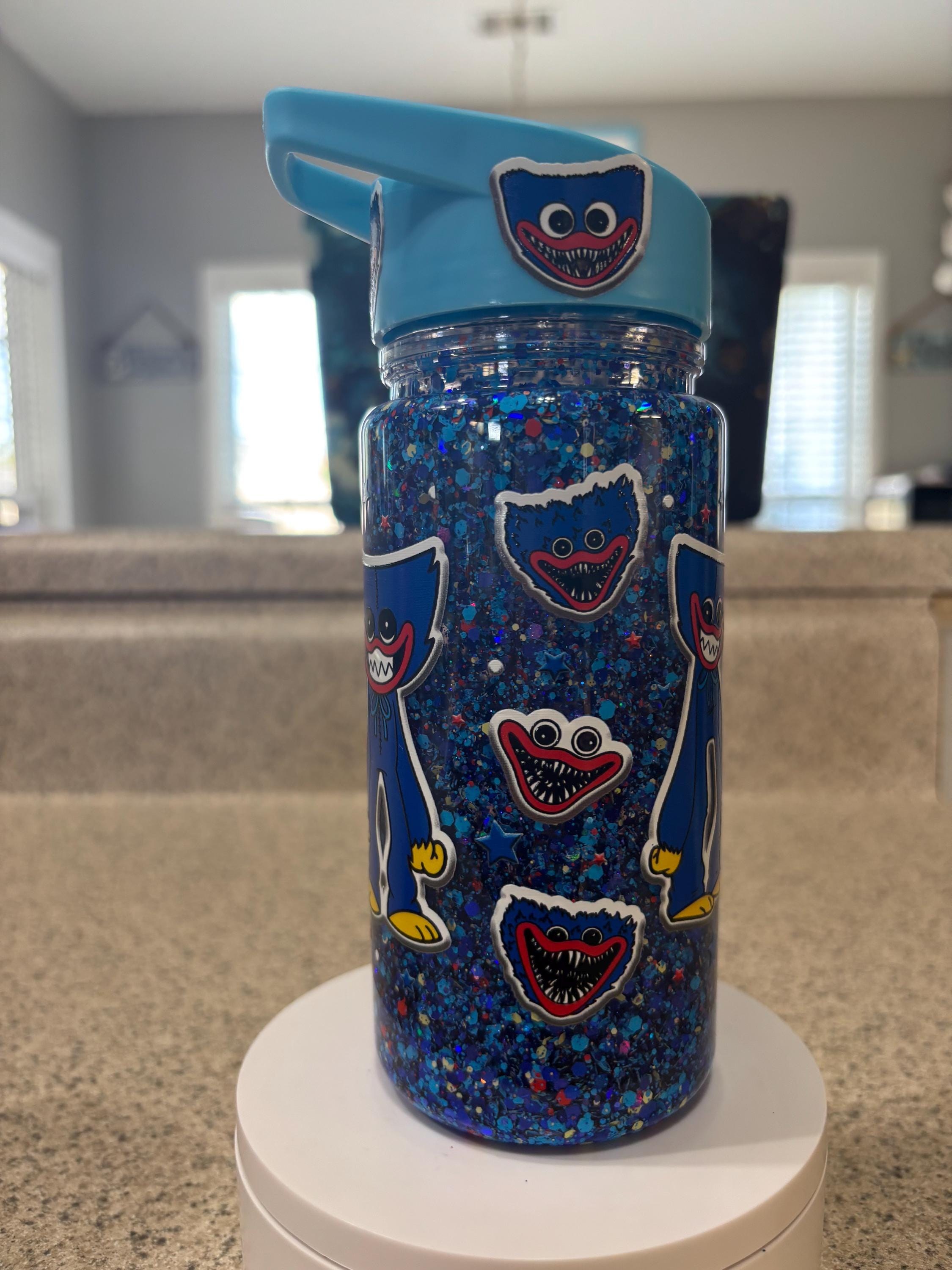 Kids Monster Snow Globe Tumbler 10oz, Blue Cartoon Flip Top Cup, Toddler Waterfall Drink Cup, Handmade Acrylic Kids Tumbler