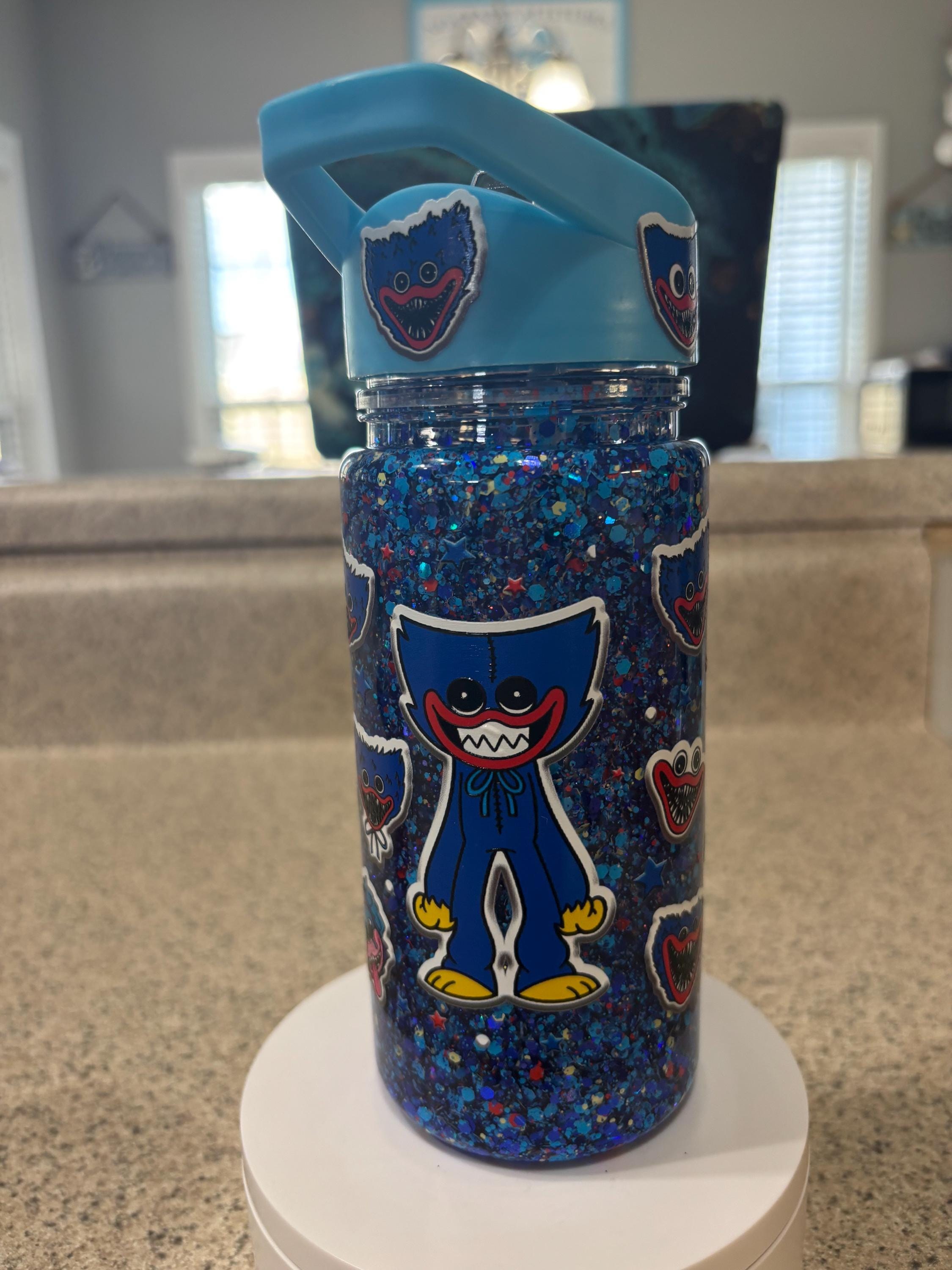 Kids Monster Snow Globe Tumbler 10oz, Blue Cartoon Flip Top Cup, Toddler Waterfall Drink Cup, Handmade Acrylic Kids Tumbler