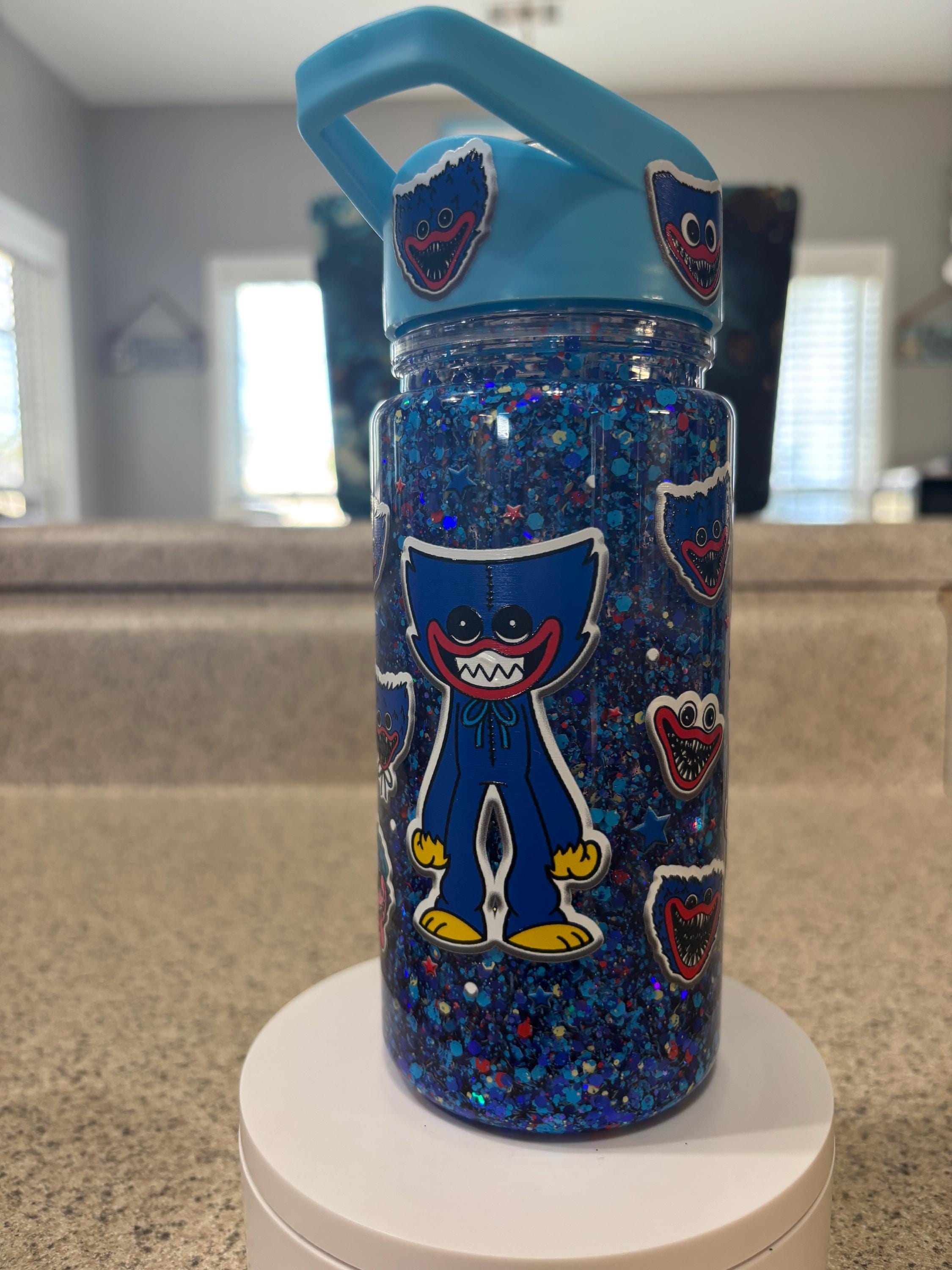 Kids Monster Snow Globe Tumbler 10oz, Blue Cartoon Flip Top Cup, Toddler Waterfall Drink Cup, Handmade Acrylic Kids Tumbler